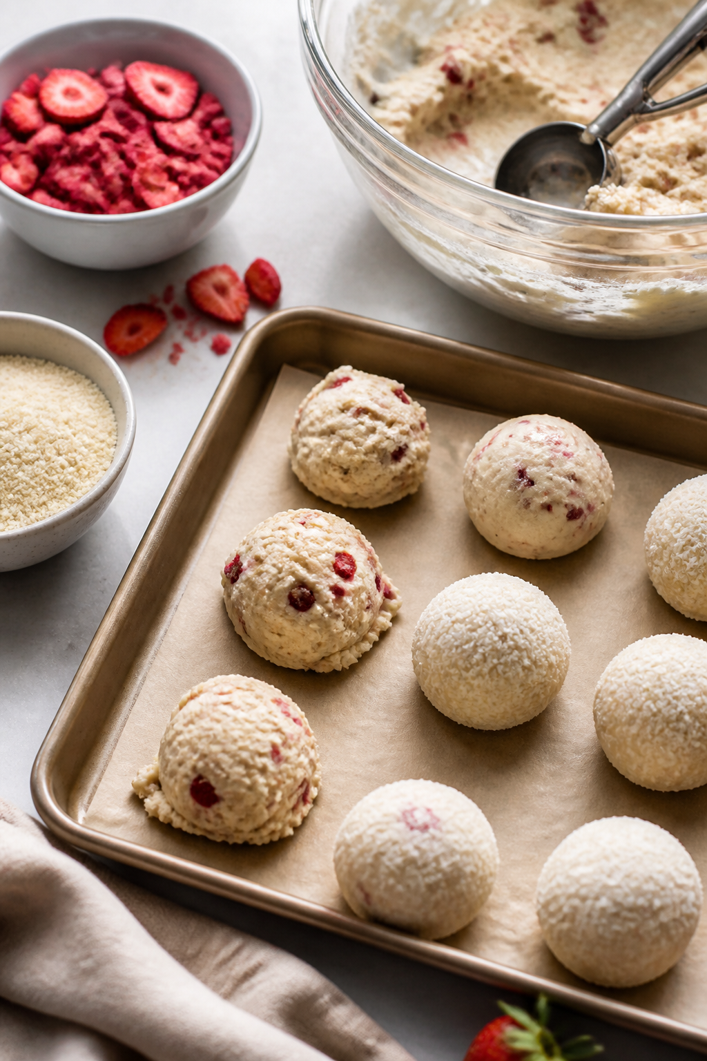 Cooking process: Chilled dough being portioned and rolled—tablespoon scoops of thick, creamy chees