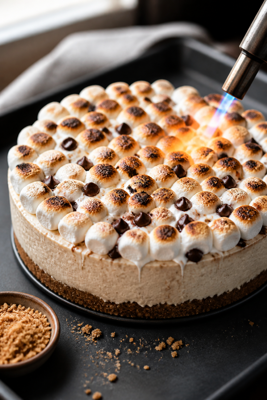 Cooking process close-up: A chilled s’mores cheesecake just out of the fridge with an even layer o
