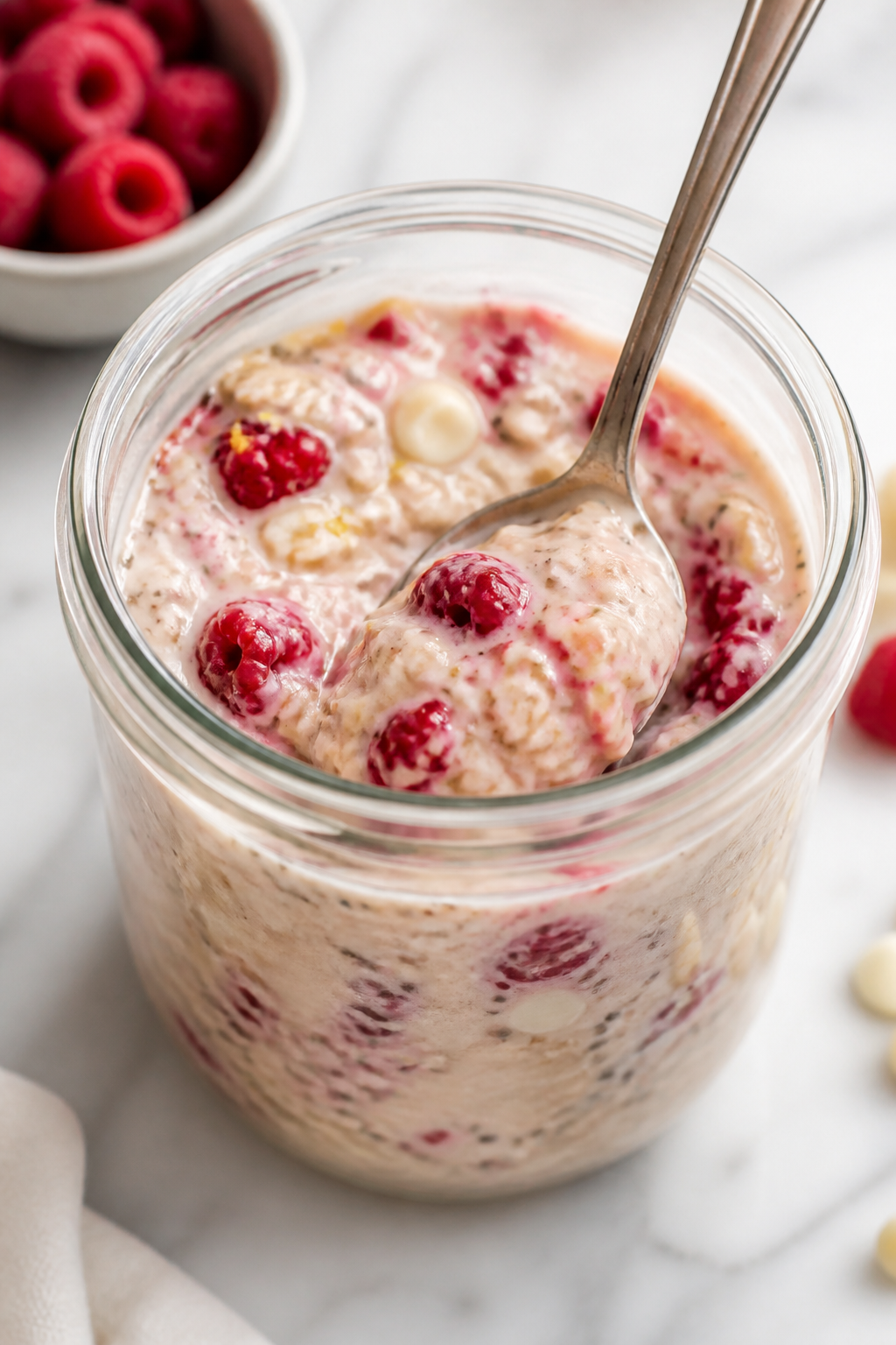 Cooking process close-up: A glass jar on a clean marble counter as creamy vanilla-raspberry overnigh