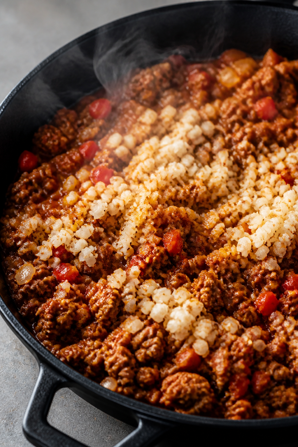 Cooking process close-up: A sizzling cast-iron skillet of browned lean ground beef with softened dic