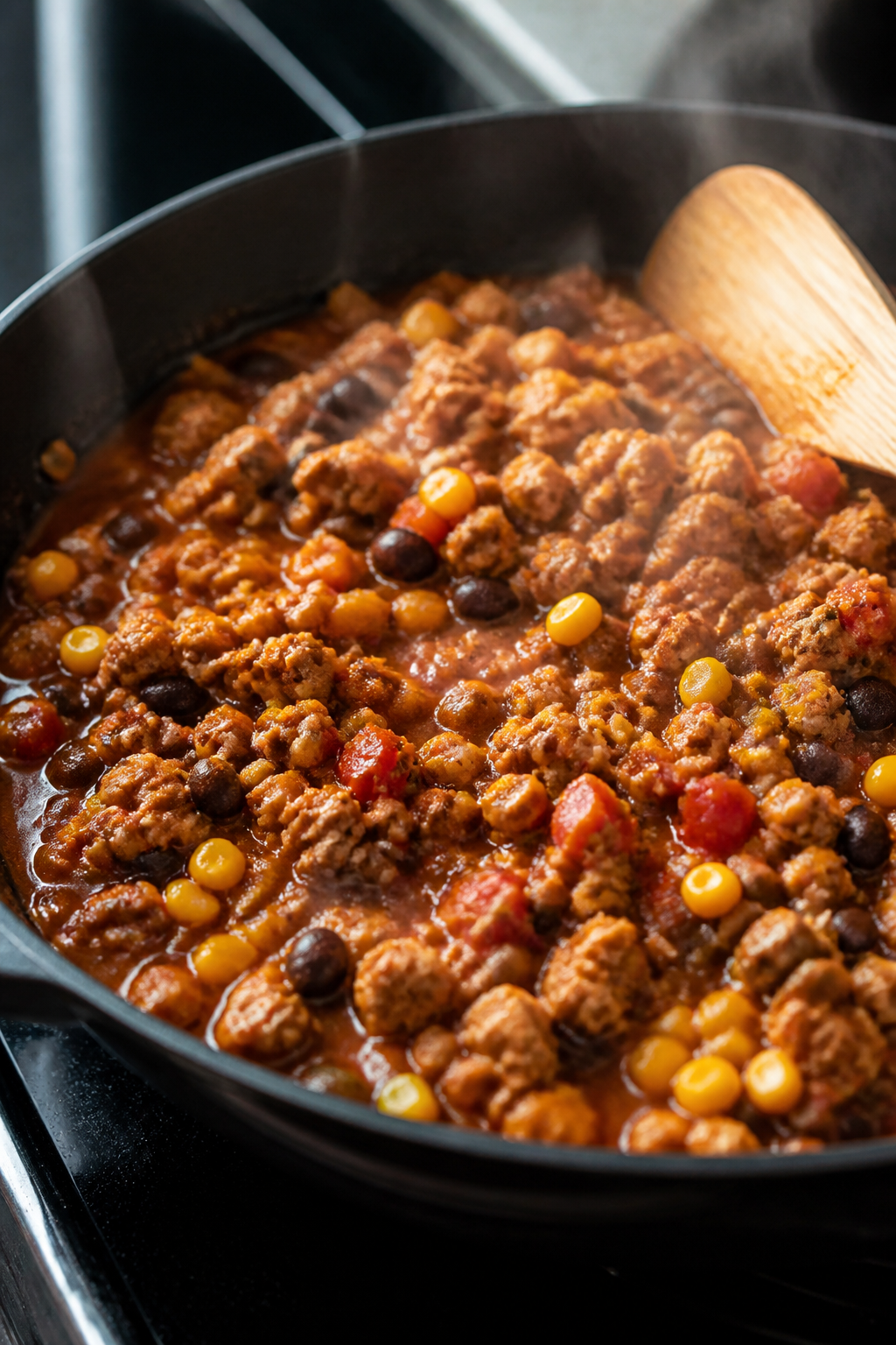 Cooking process close-up: A sizzling skillet of seasoned ground turkey with black beans, corn, and d