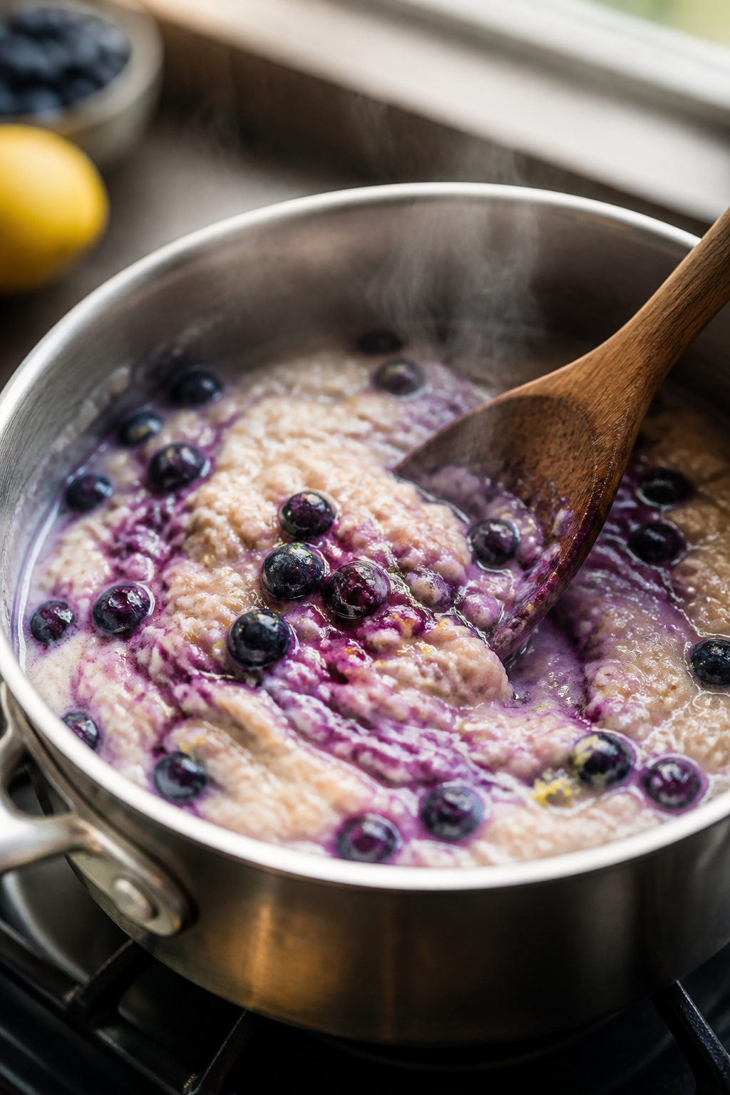 Cooking process close-up: A small saucepan of creamy rolled oats simmered in milk, studded with blue