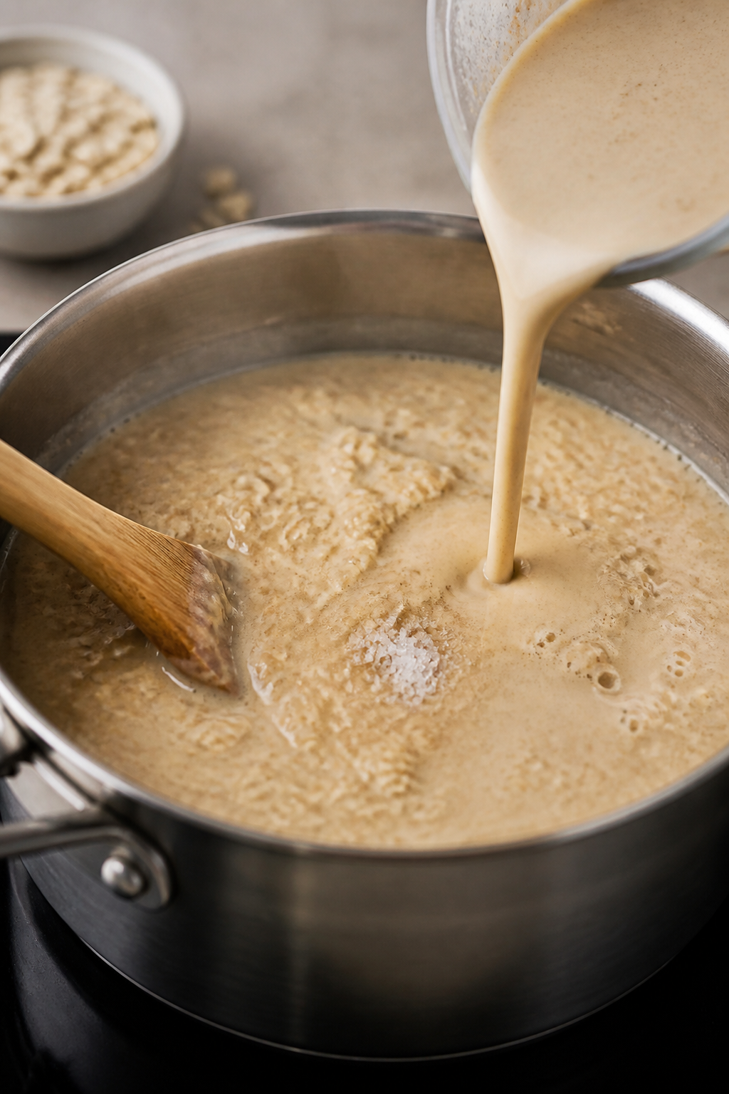Cooking process close-up: A small saucepan of creamy rolled oats at a gentle simmer, steam rising, w