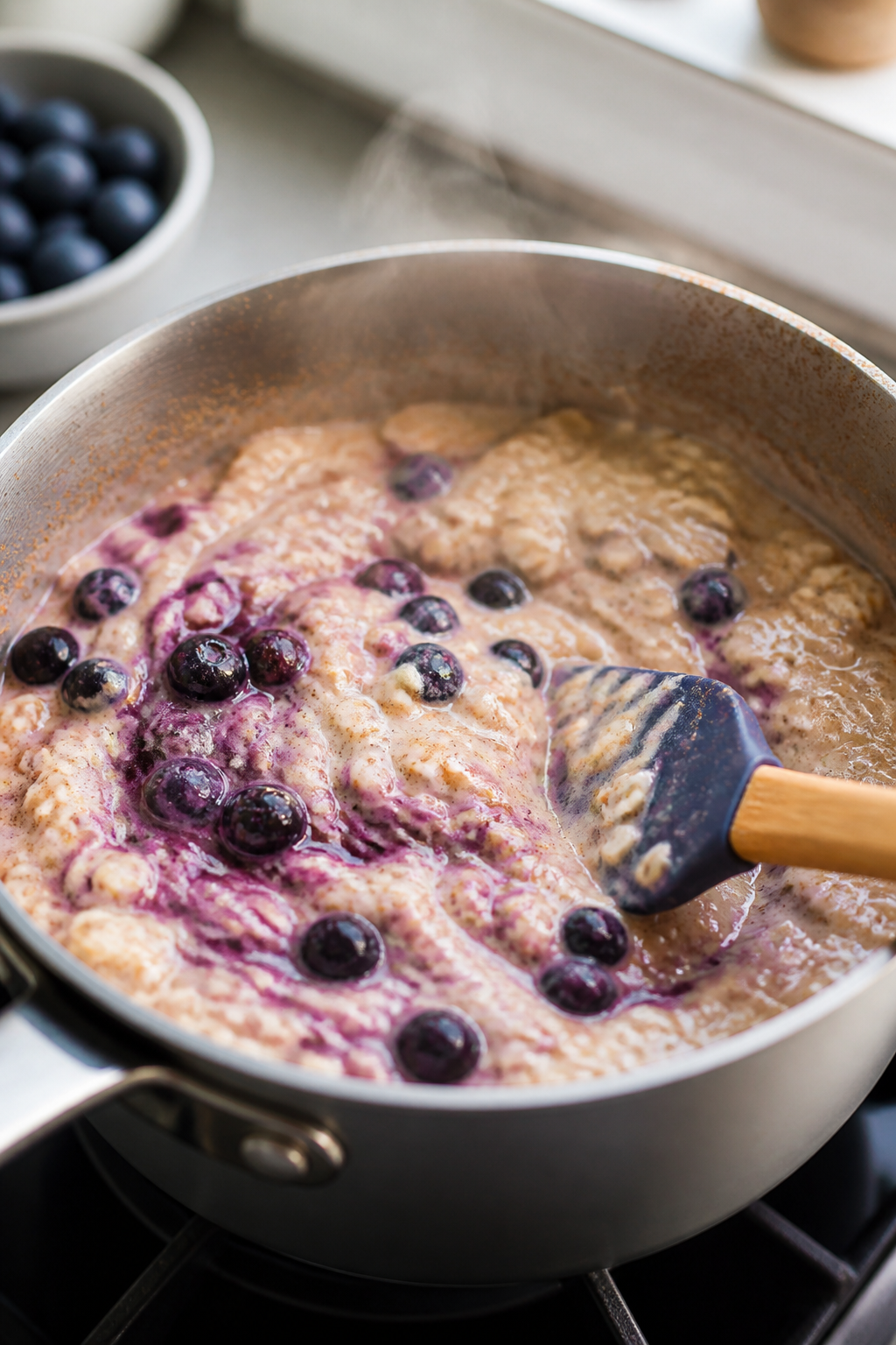 Cooking process close-up: A small saucepan of creamy blueberry muffin protein oatmeal at a gentle si