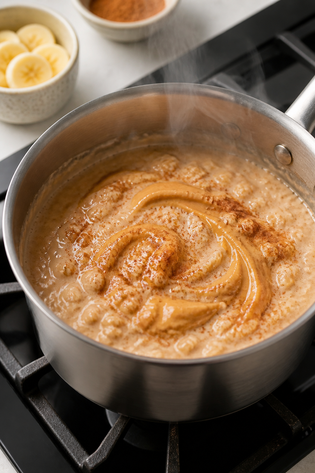 Cooking process close-up: A small saucepan of simmering peanut butter banana oatmeal on medium heat,