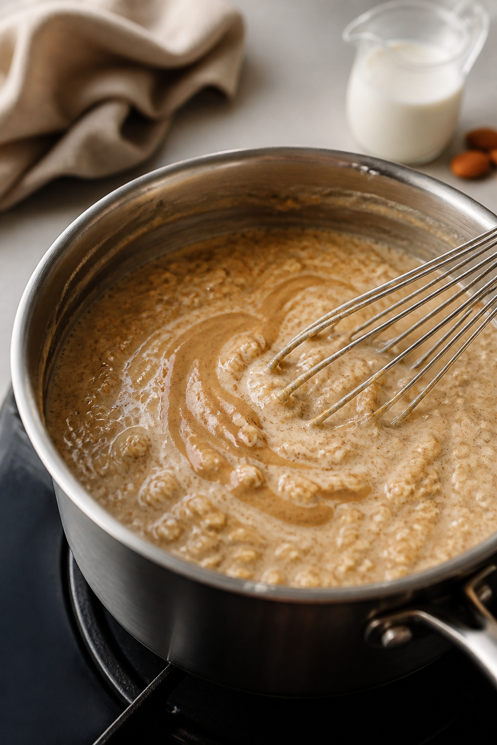 Cooking process close-up: A small saucepan on the stovetop with vanilla almond protein oatmeal mid-s