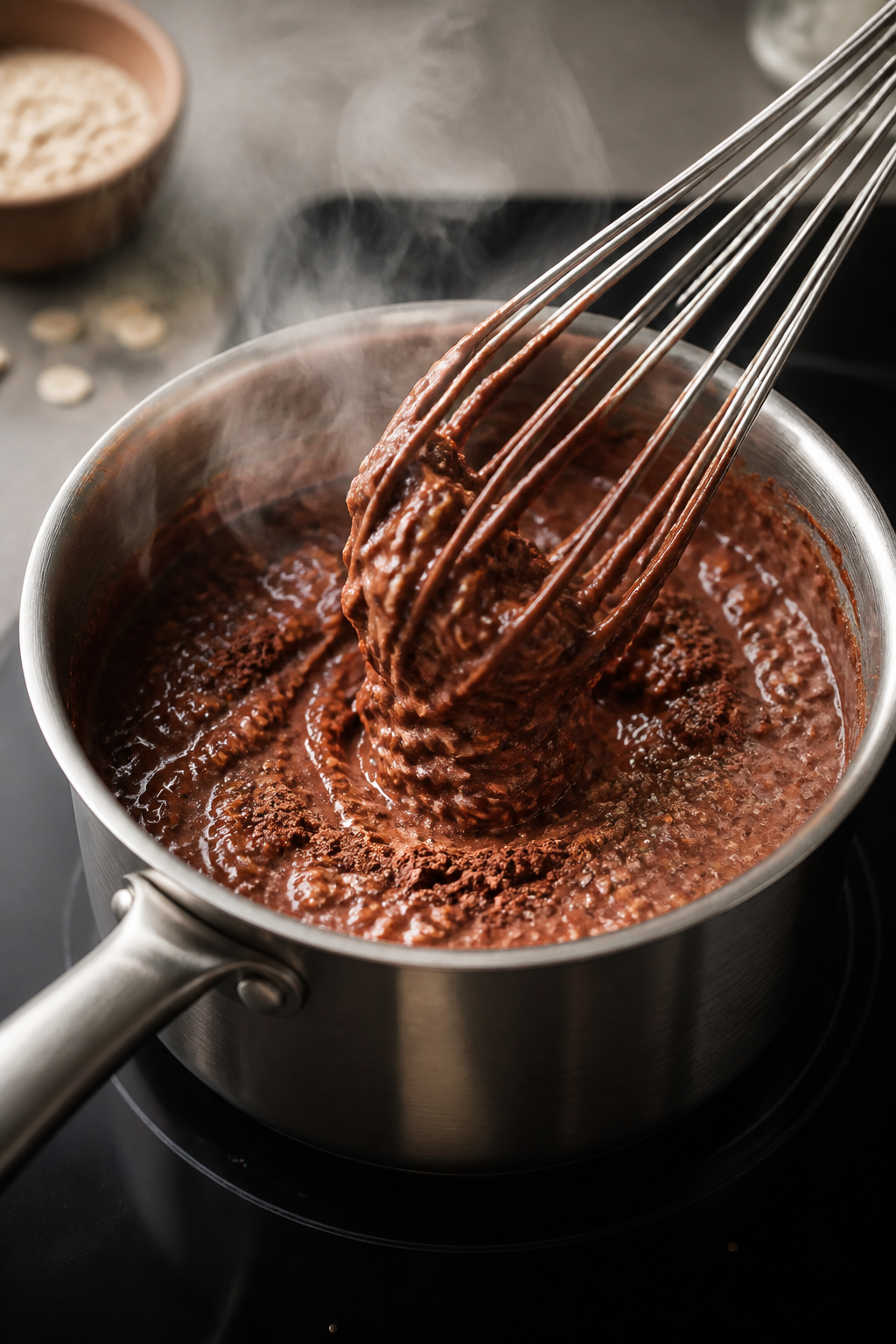 Cooking process close-up: A small stainless saucepan of simmering double chocolate protein oatmeal o