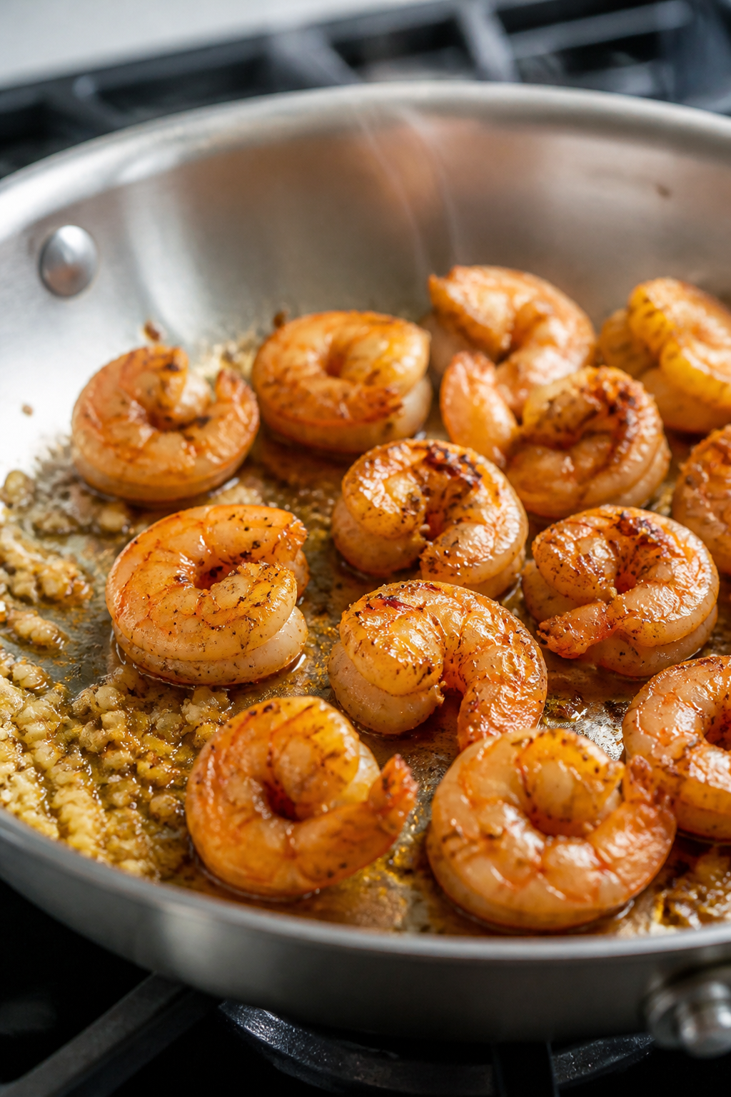 Cooking process, close-up action: Searing seasoned shrimp for high-protein mac and cheese in a stain