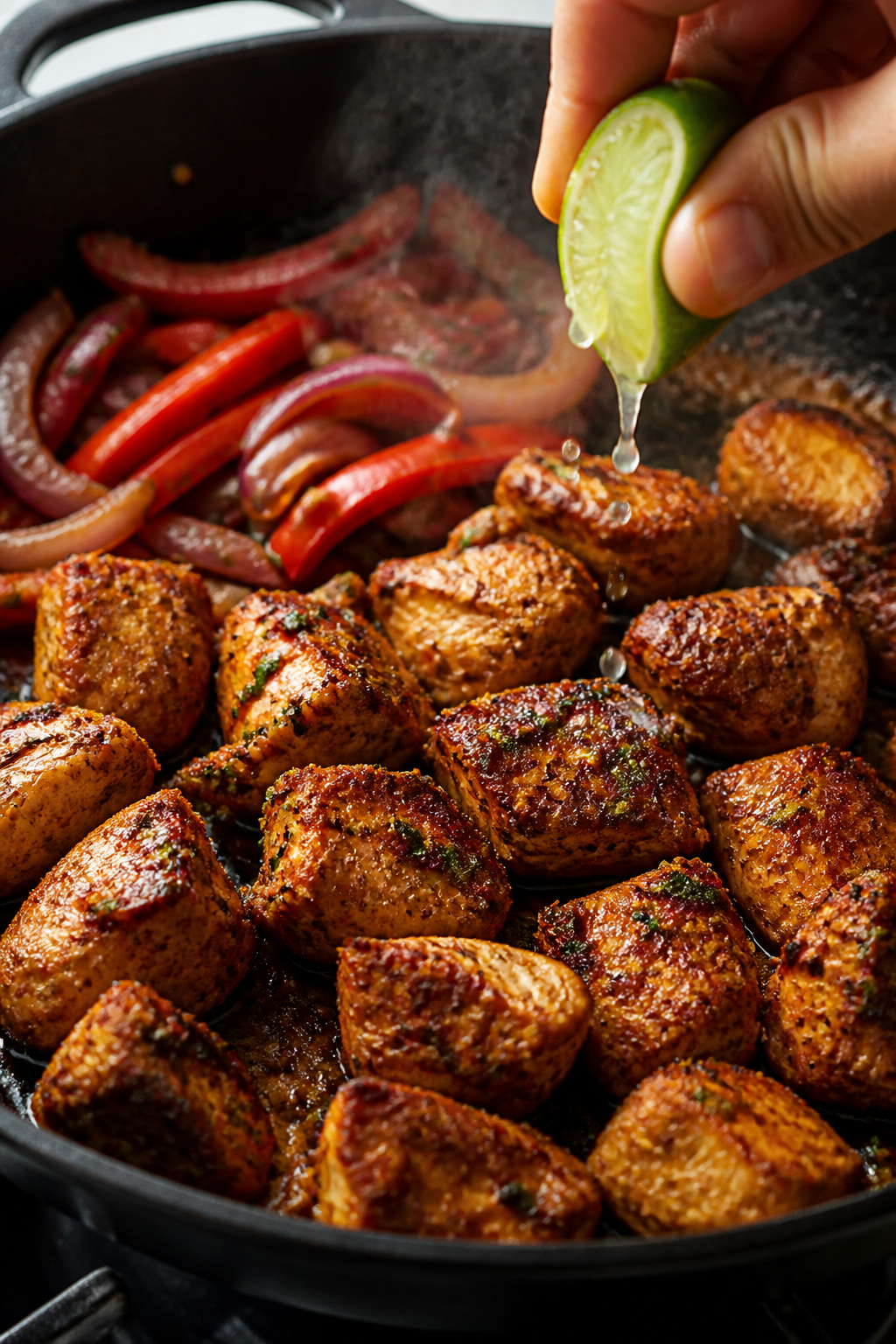 Cooking process close-up: Bite-size chicken pieces searing in a large skillet, golden-brown edges wi