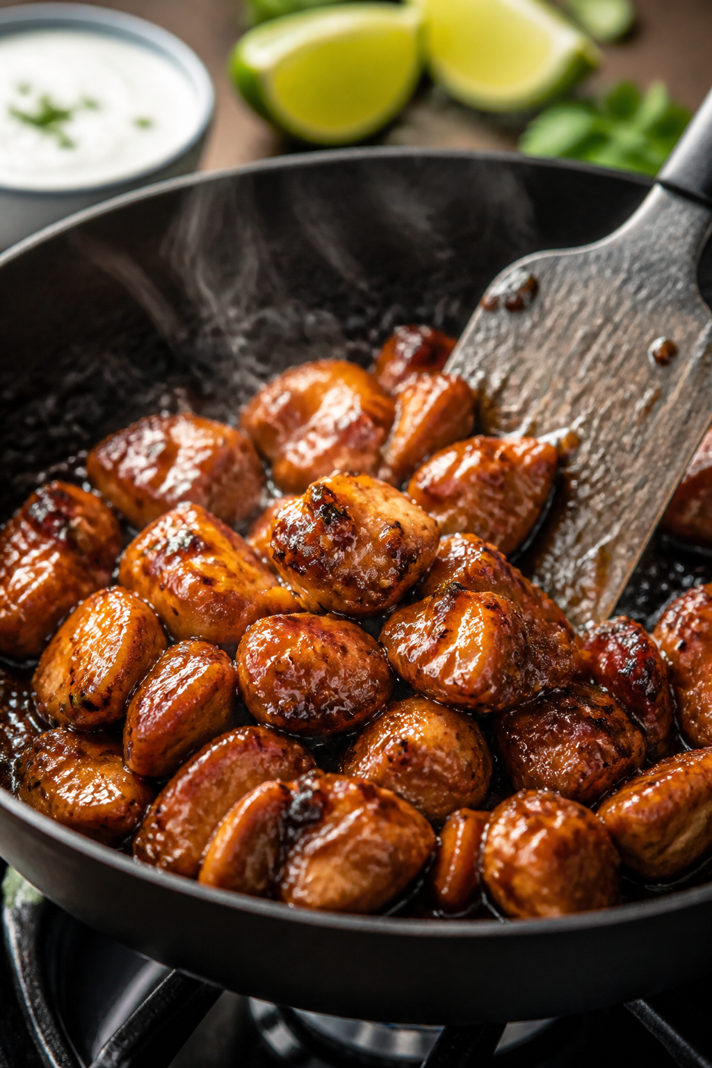 Cooking process close-up: Bite-size chicken pieces sizzling in a hot skillet, seared and lacquered w