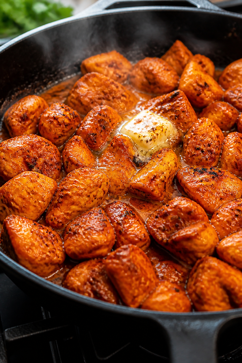Cooking process close-up: Buffalo chicken sizzling in a large skillet over medium-high heat, bite-si