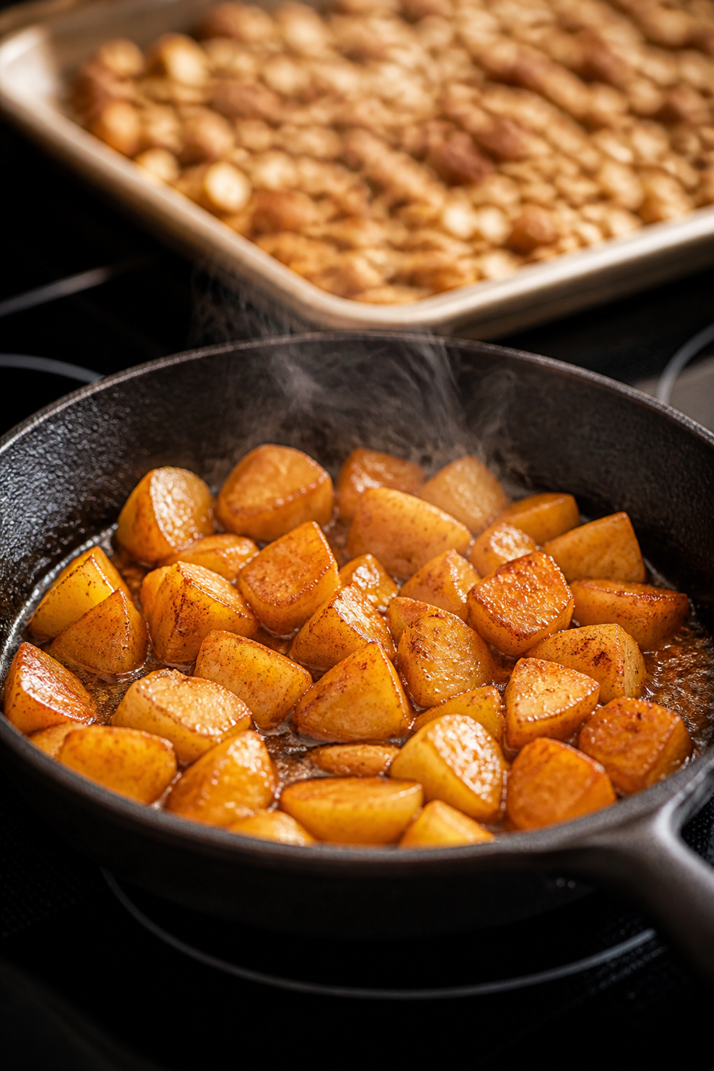 Cooking process close-up: Caramelized cinnamon apples sizzling in a small skillet, diced apple piece