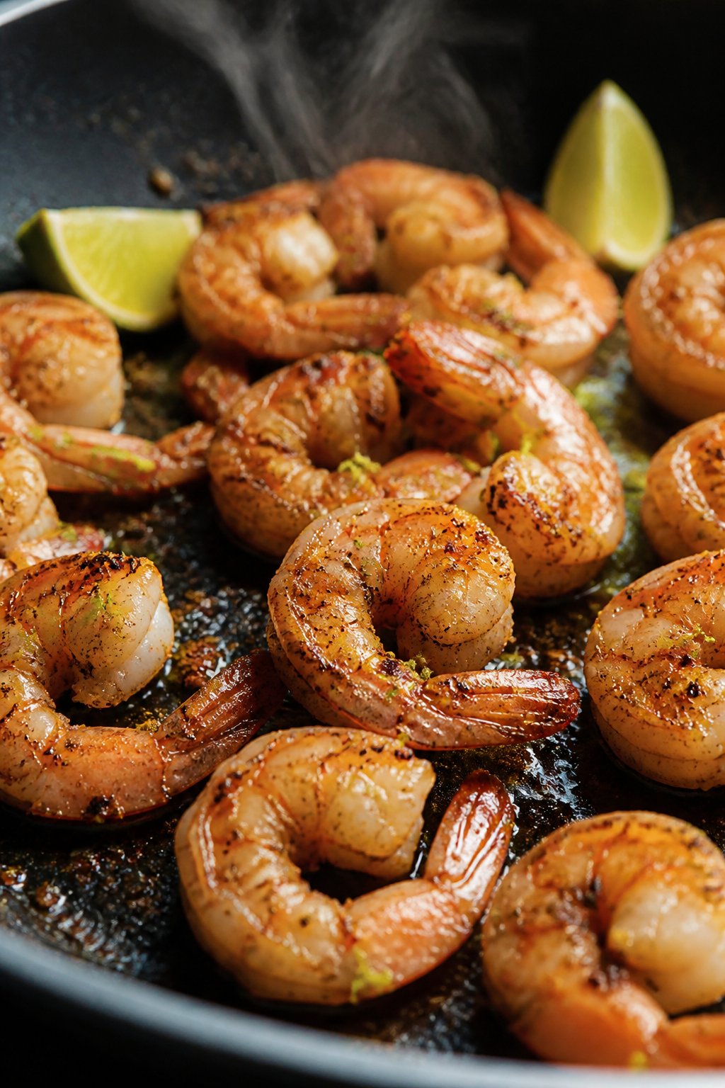 Cooking process close-up: Chili-lime seasoned shrimp sizzling in a hot skillet, just turned pink and