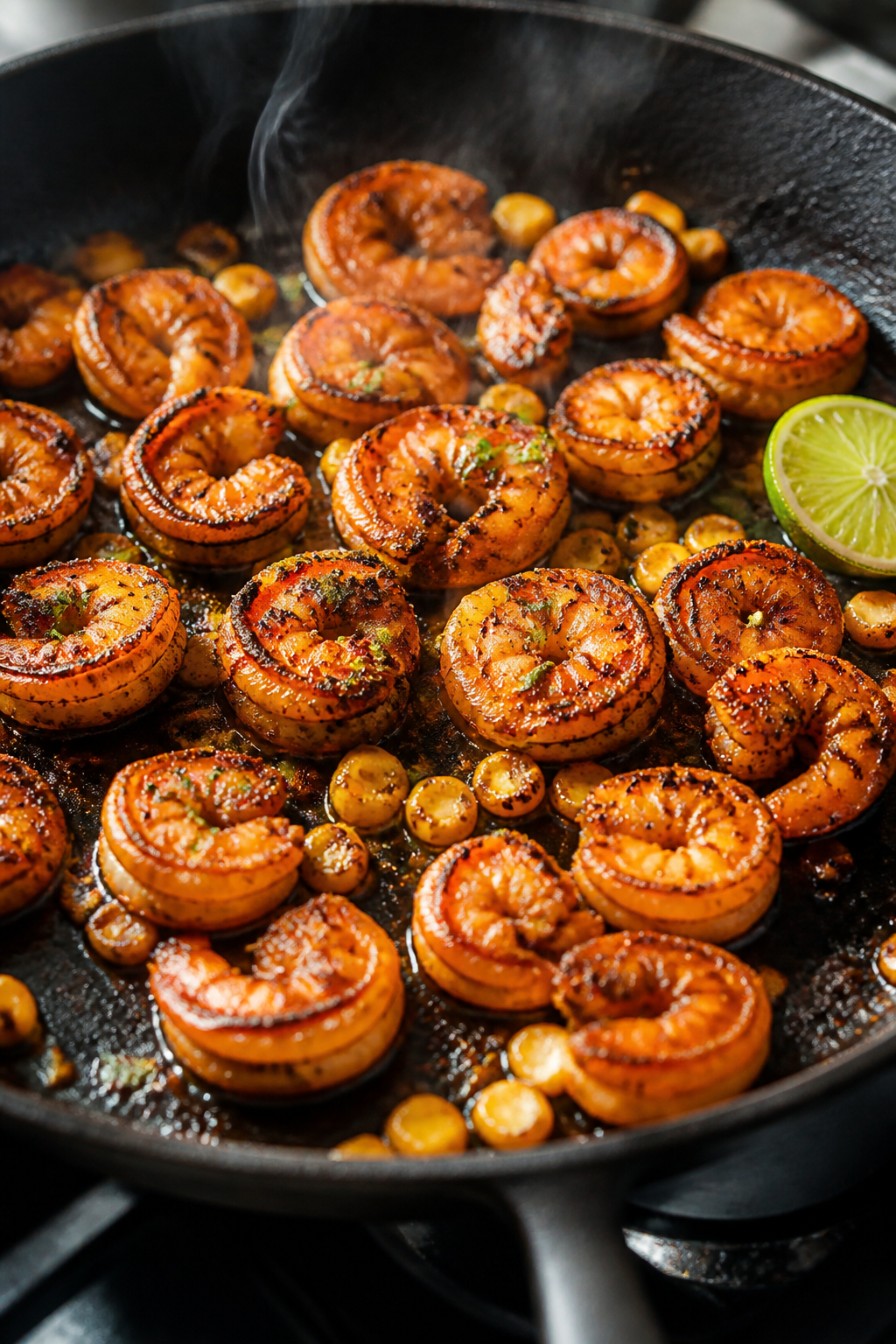 Cooking process close-up: Chili-lime spiced shrimp searing in a hot skillet, lightly charred edges a