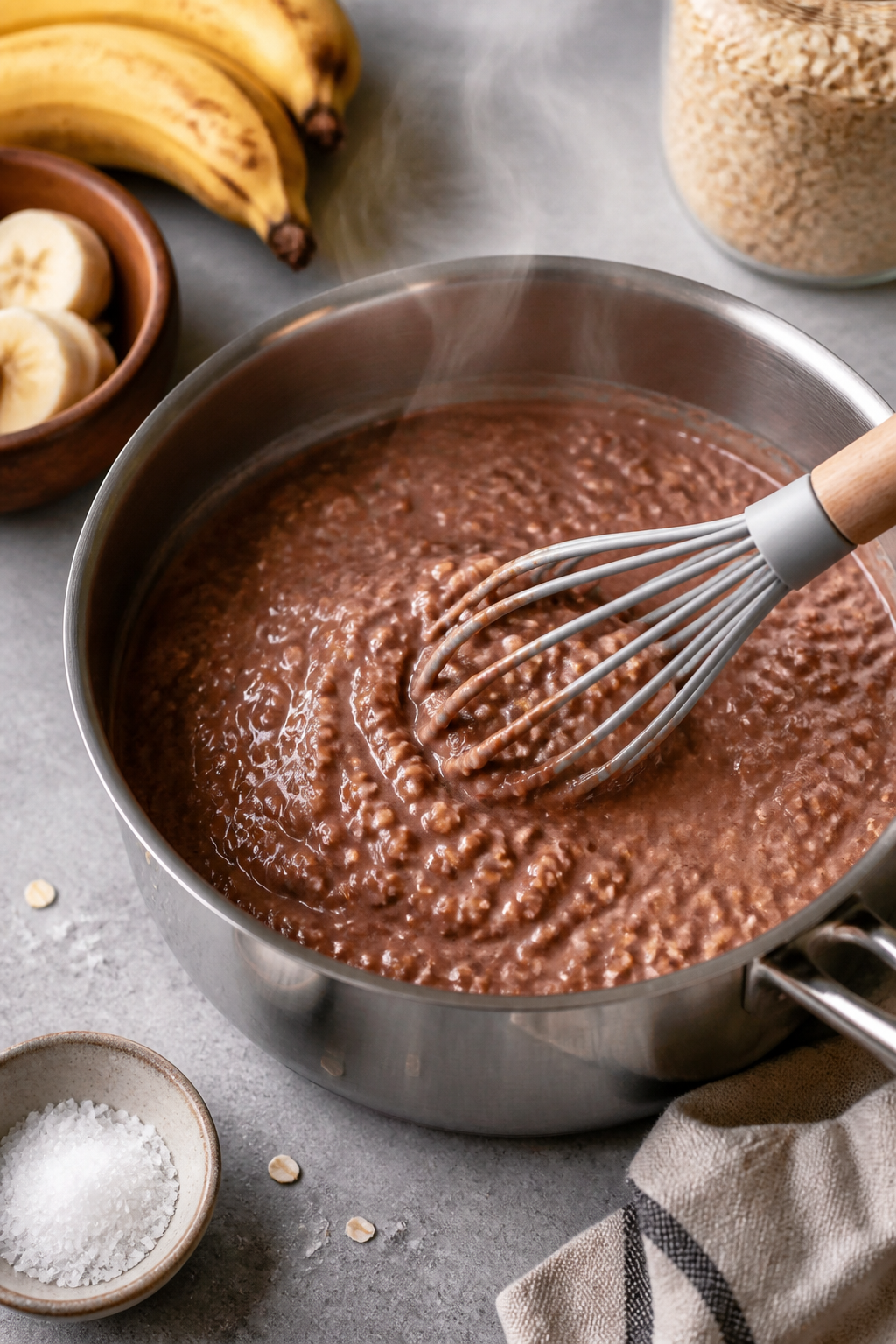 Cooking process close-up: Creamy chocolate banana protein oatmeal simmering in a small stainless sau