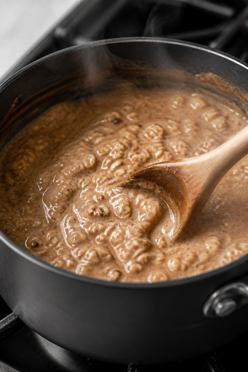Cooking process close-up: Creamy coffee oatmeal simmering in a small matte-black saucepan on medium 