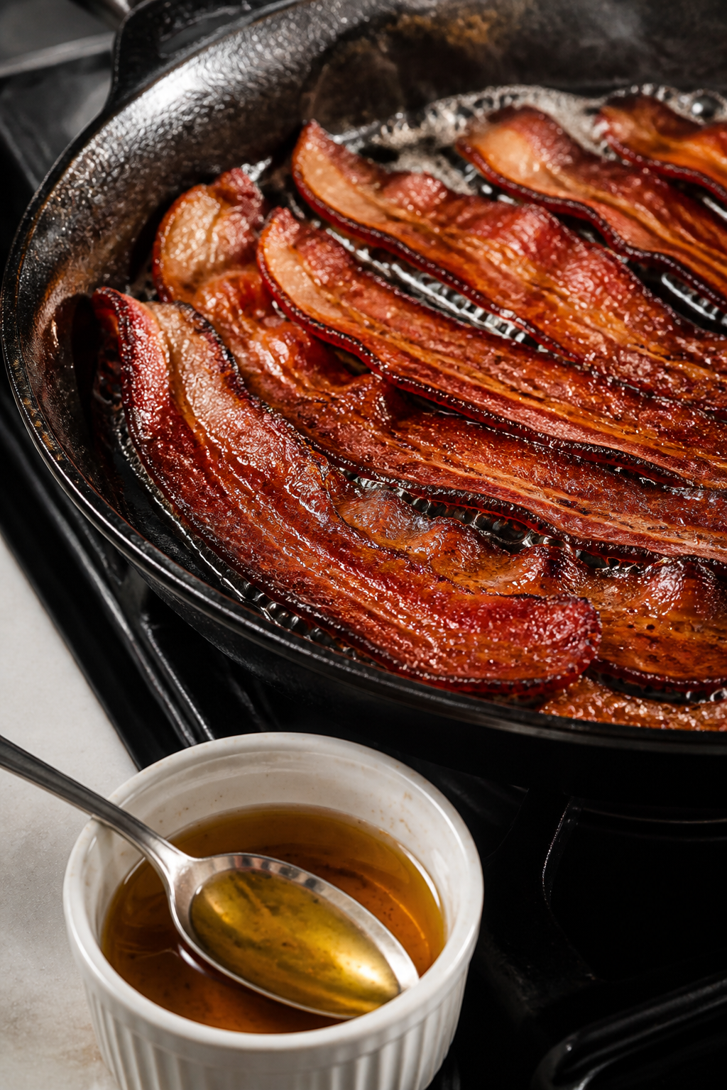 Cooking process close-up: Crispy bacon being cooked to a deep golden-brown in a skillet over medium