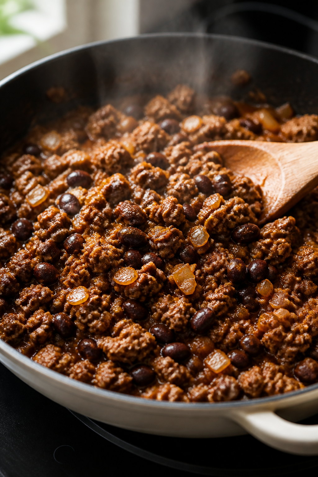 Cooking process close-up: Crumbled lean turkey/beef browning in a skillet with softened golden onion