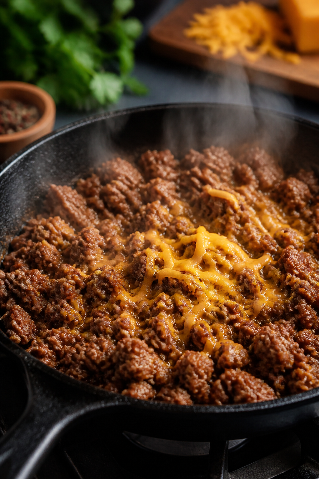 Cooking process close-up: Crumbled seasoned lean ground beef sizzling in a dark, well-seasoned skill