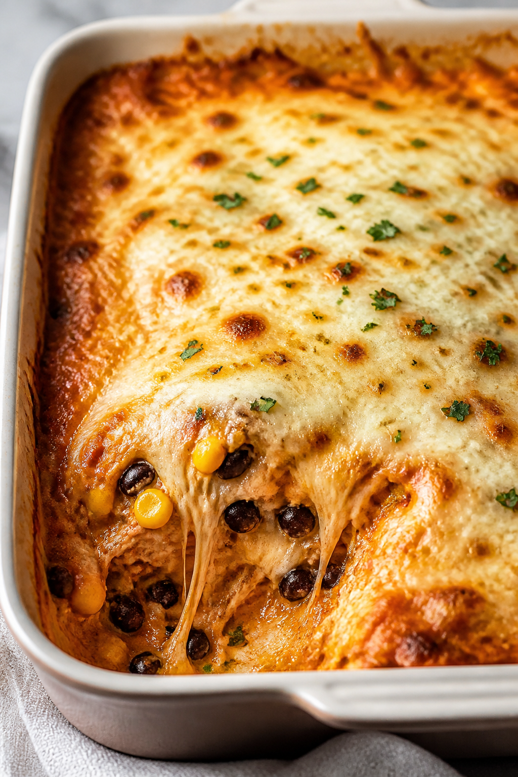 Cooking process, close-up detail: A 9x13-inch baking dish mid-bake with the enchilada “lasagna” 