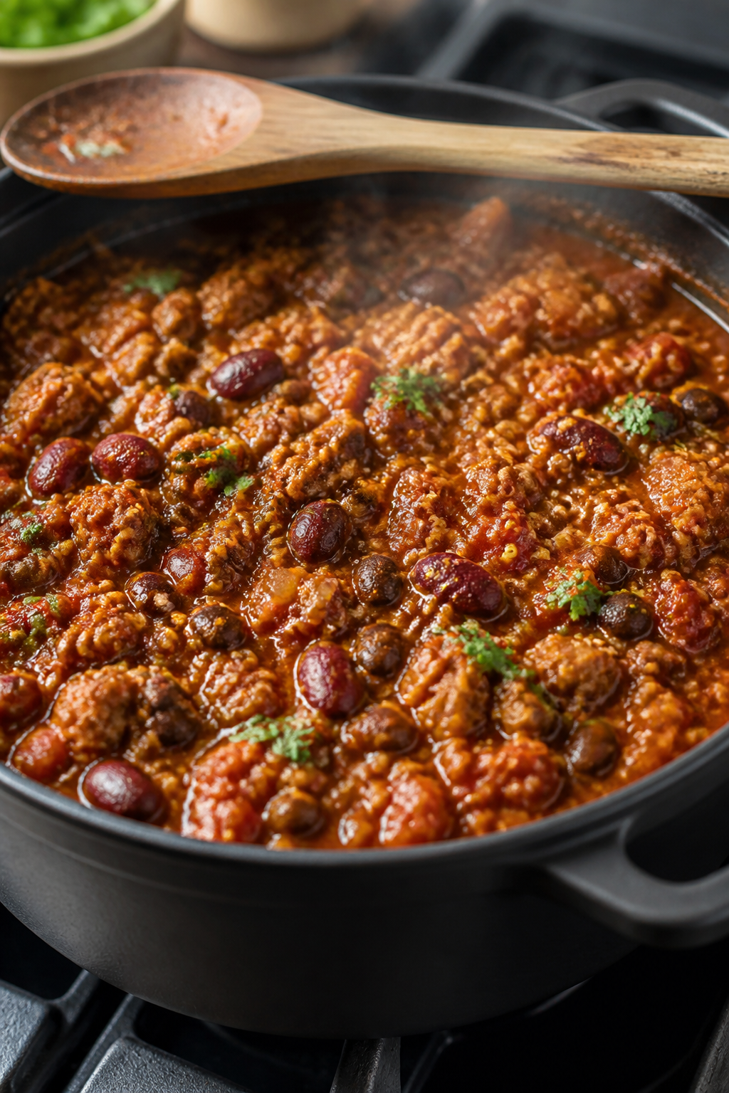 Cooking process, close-up detail: A shallow-depth-of-field shot of chili simmering in a matte black 
