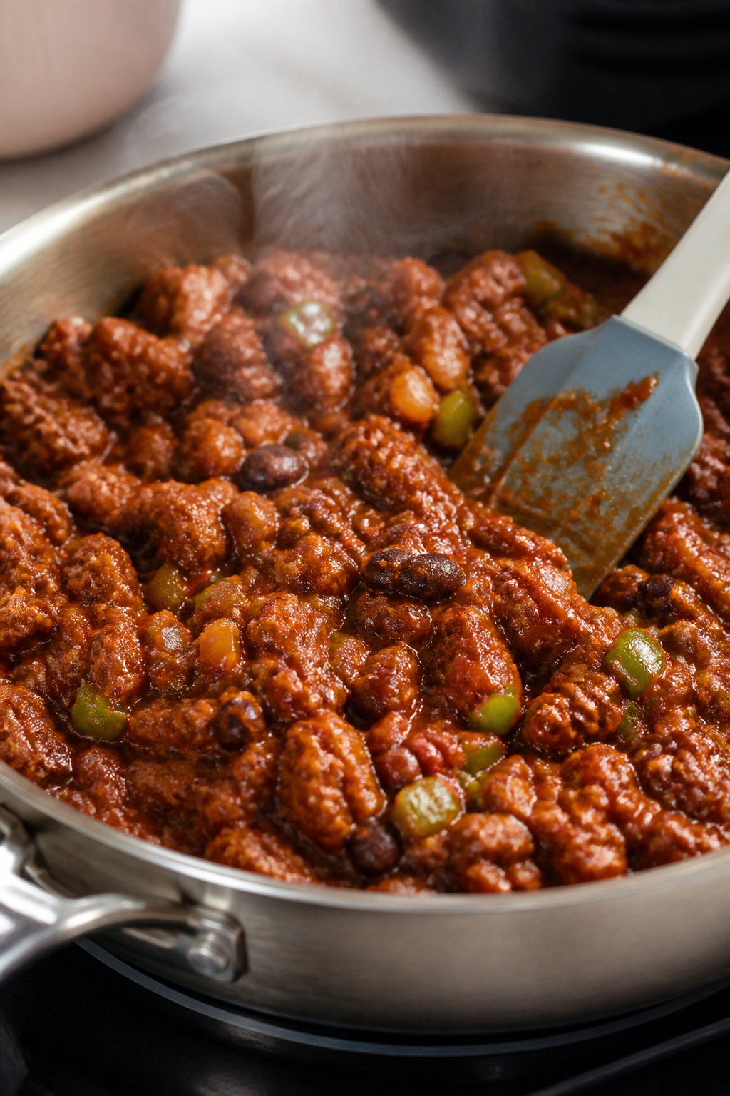 Cooking process, close-up detail: A shallow-depth-of-field shot of the sloppy joe mixture simmering 