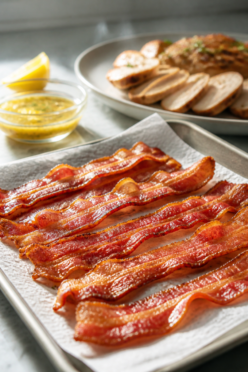 Cooking process, close-up detail: Crispy center-cut bacon just out of the oven at 400°F, golden-bro