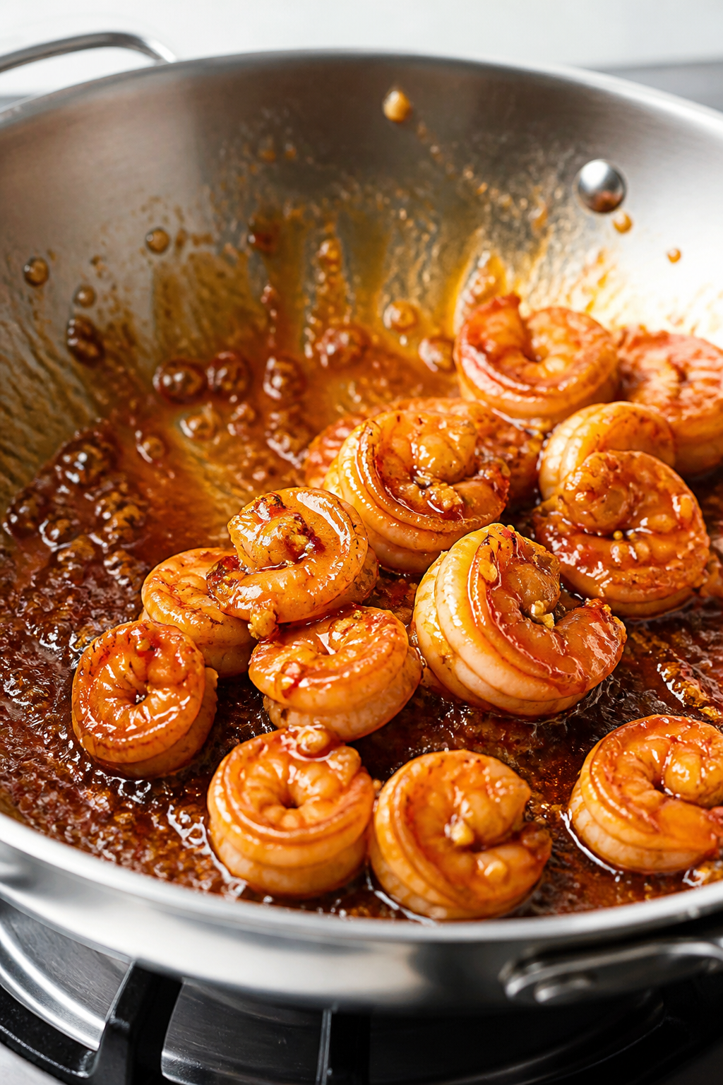 Cooking process, close-up detail: Medium-high heat skillet with just-seared, pink C-shaped shrimp be