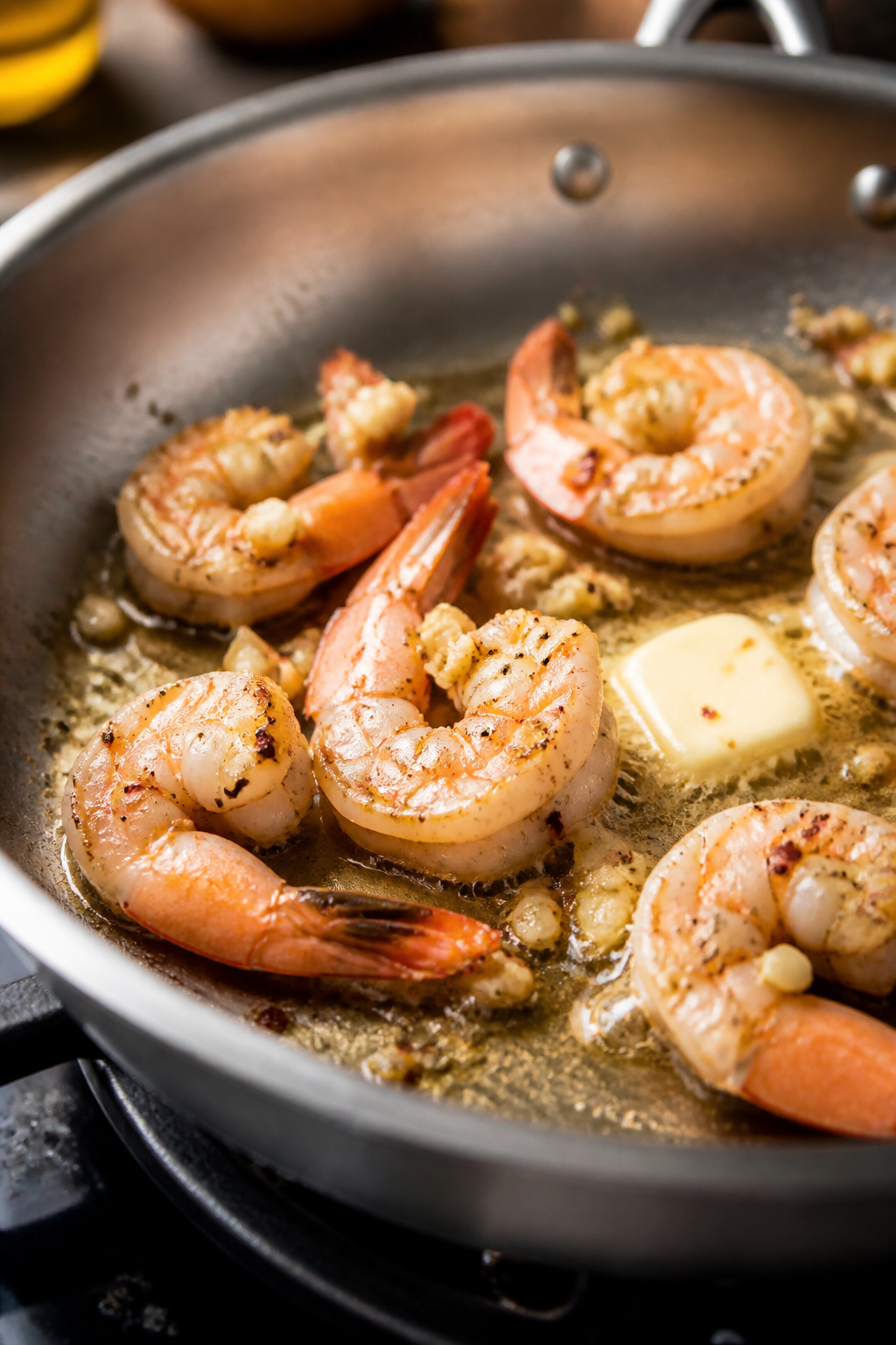 Cooking process, close-up detail: Searing large shrimp in a wide skillet with olive oil and a pat of
