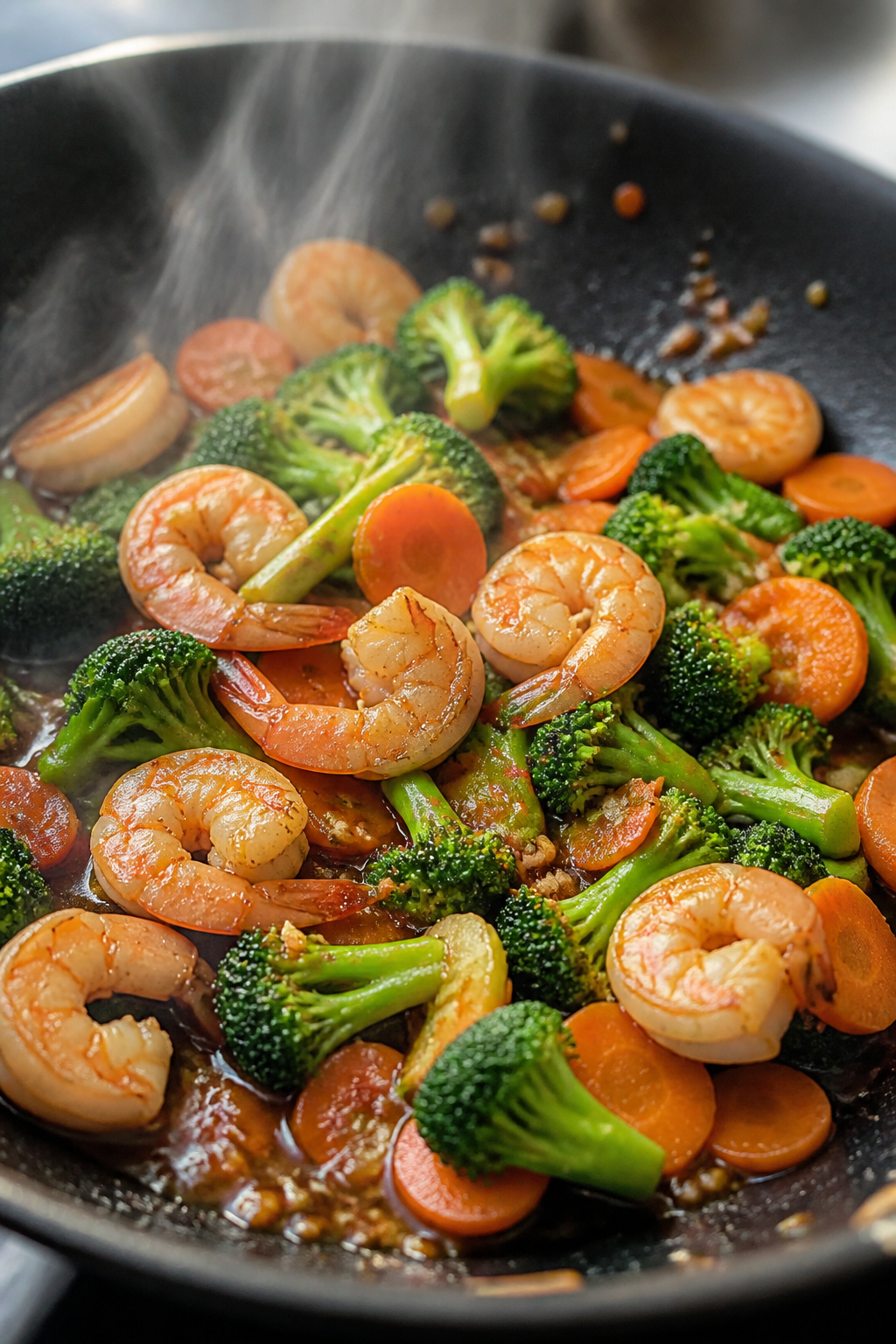 Cooking process, close-up detail: Searing shrimp in a large skillet over medium-high heat, shrimp ju