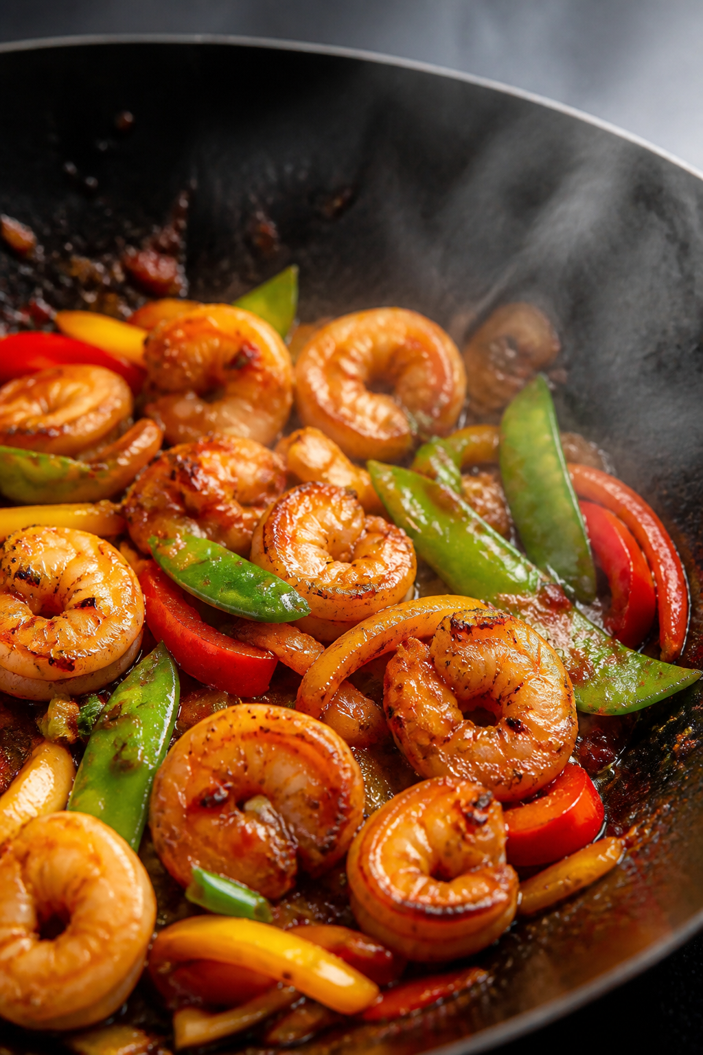 Cooking process, close-up detail: Searing sweet chili shrimp in a hot wok, shrimp just turned opaque