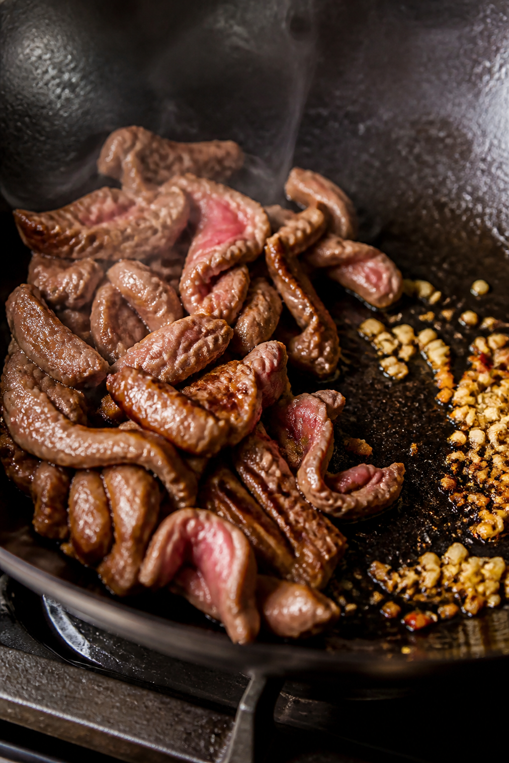 Cooking process, close-up detail: Searing thinly sliced flank steak in a carbon steel wok over mediu