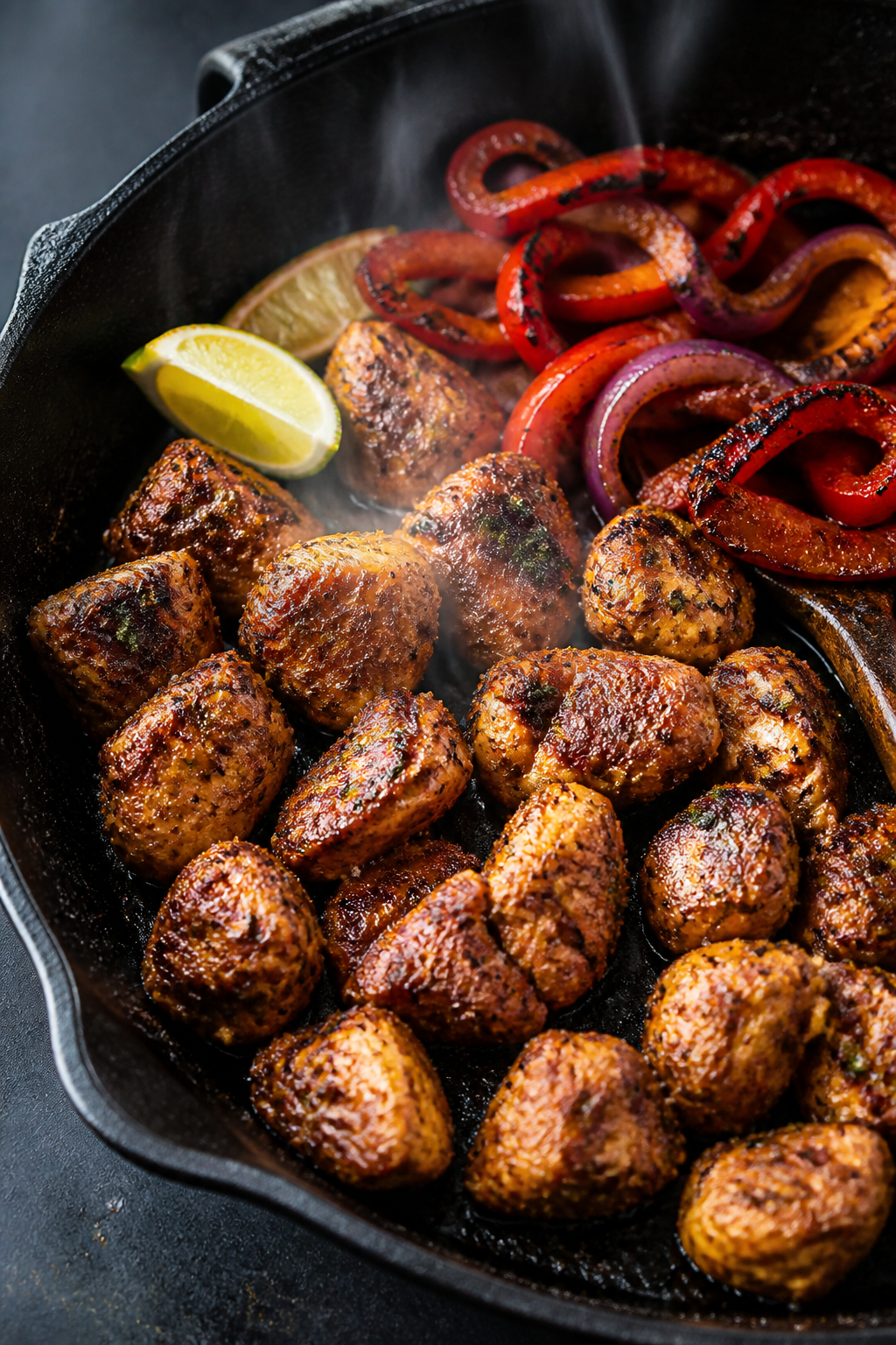 Cooking process, close-up detail: Sizzling bite-size chicken pieces in a cast-iron skillet, deeply b