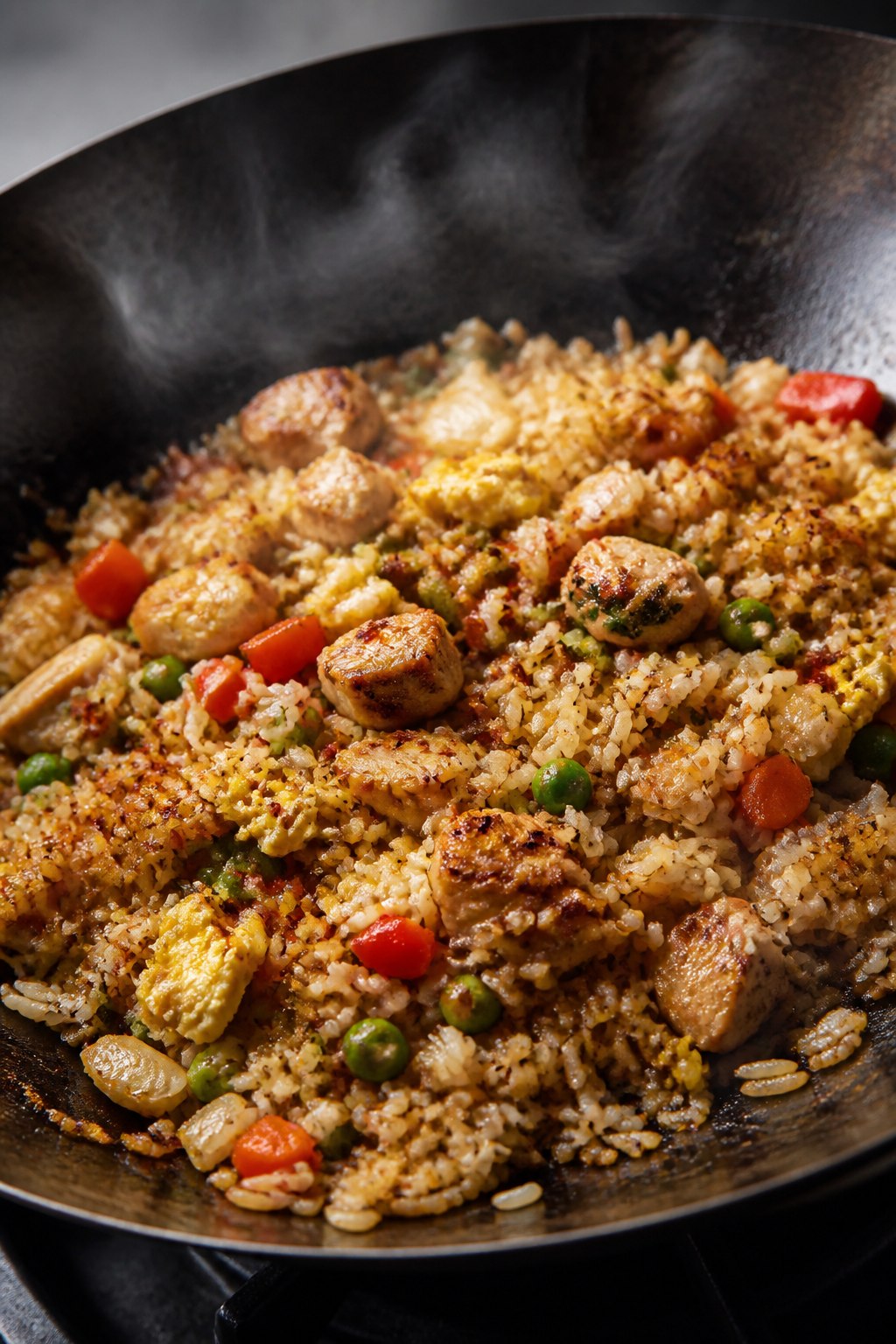 Cooking process, close-up detail: Sizzling chicken fried rice mid-cook in a carbon-steel wok over hi