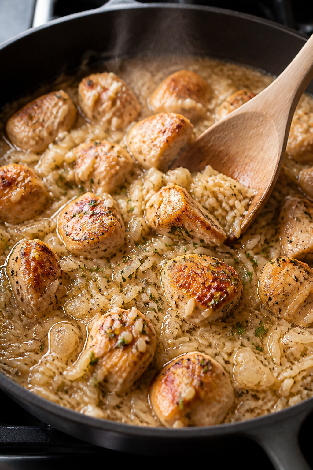 Cooking process, close-up detail: Sizzling garlic-Parmesan chicken and toasted rice in a deep skille