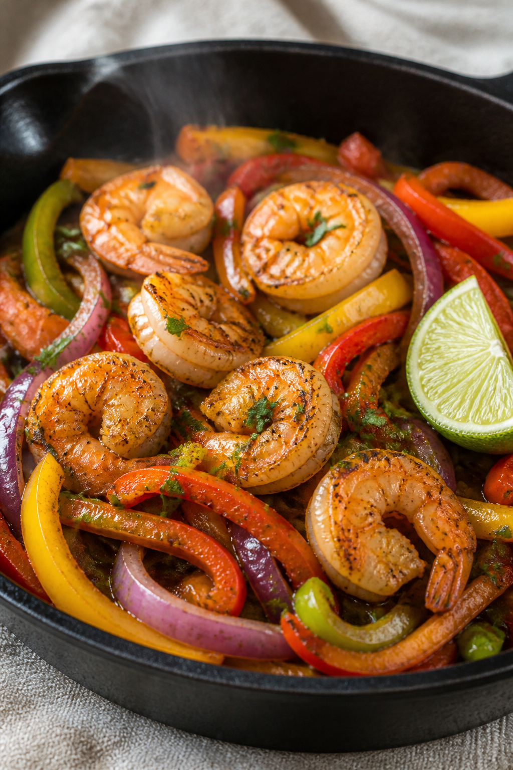 Cooking process, close-up detail: Sizzling shrimp fajitas in a cast-iron skillet over medium-high he