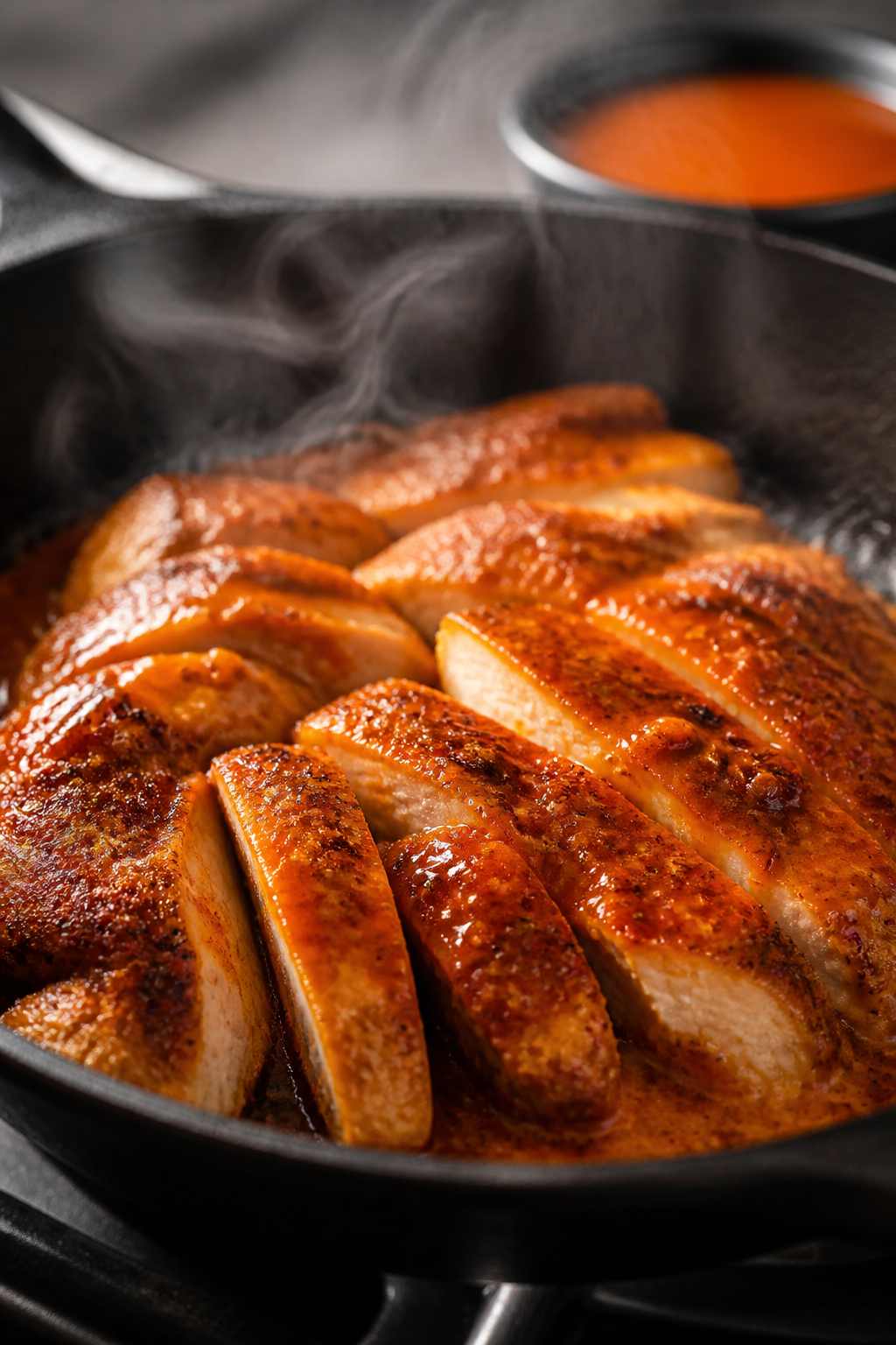Cooking process, close-up detail: Sliced Buffalo chicken just out of a hot skillet, glistening with