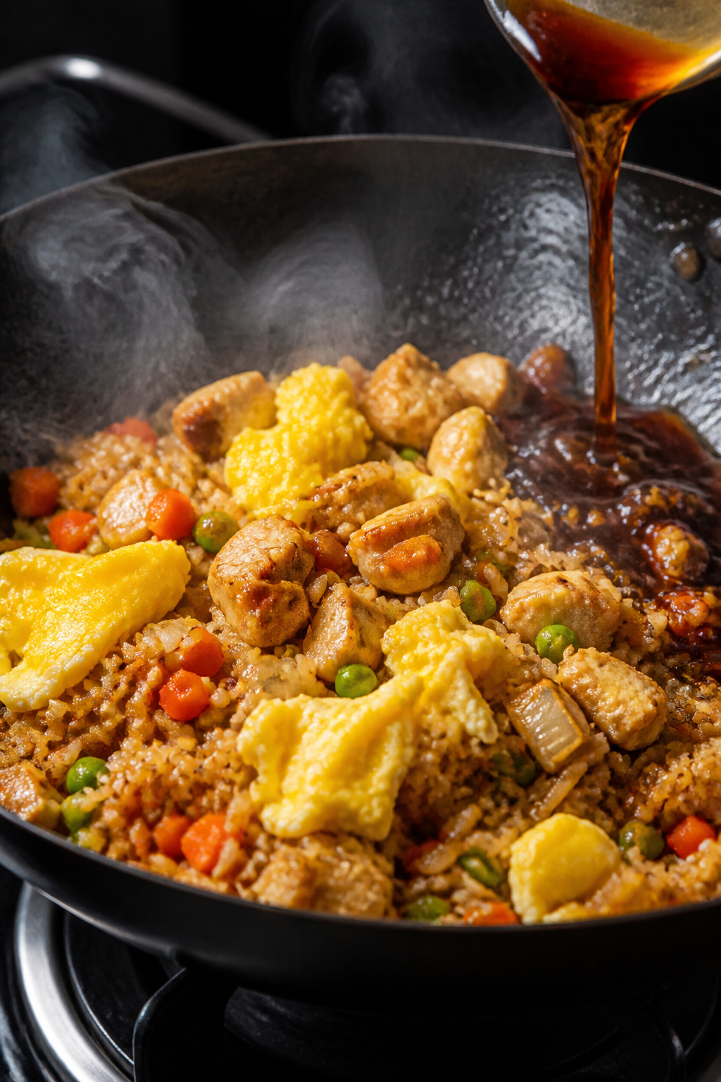 Cooking process close-up: Diced chicken and soft-scrambled eggs being folded back into sizzling frie