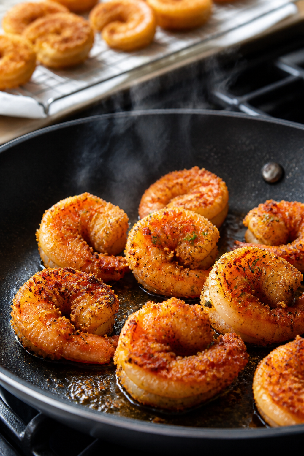 Cooking process close-up: Golden, crispy shrimp sizzling in a nonstick skillet, capturing the panko-