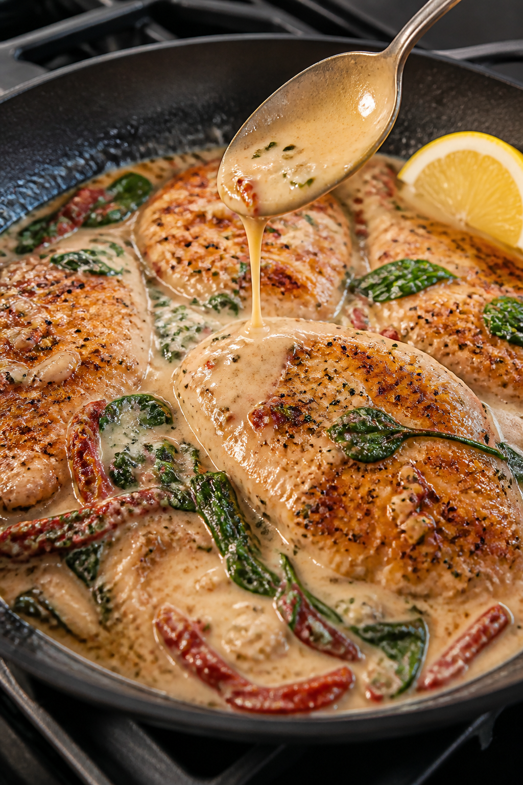 Cooking process close-up: Golden-seared chicken cutlets simmering in a creamy garlic-Parmesan sauce 