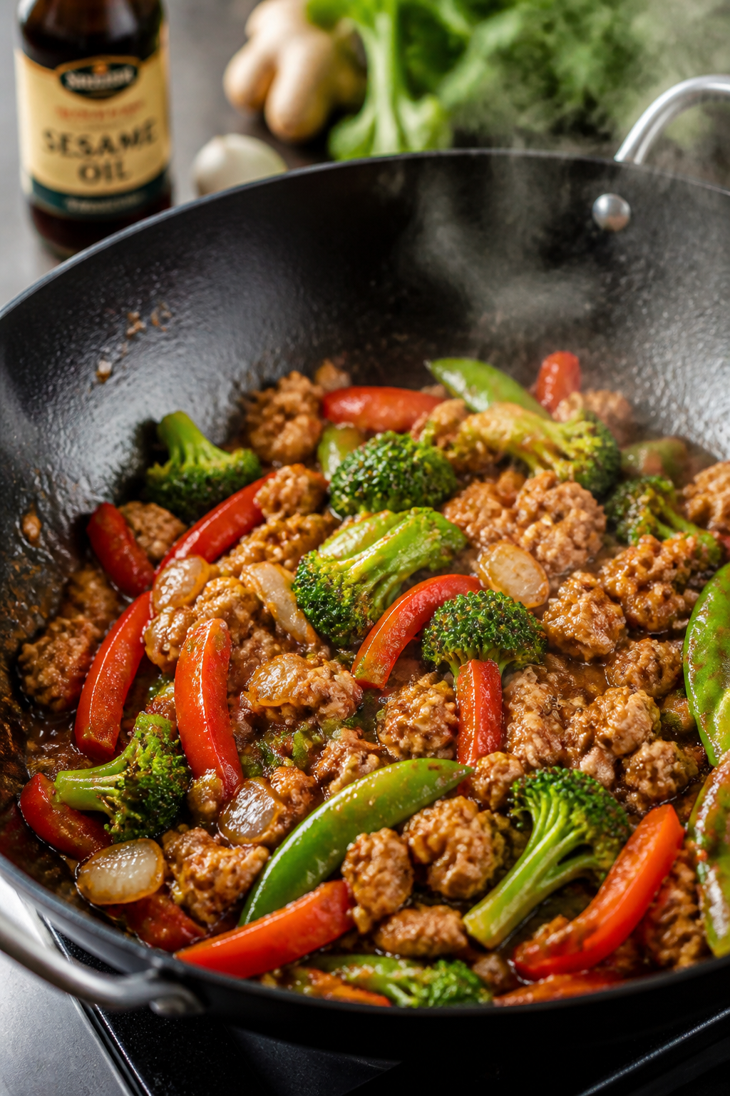 Cooking process close-up: Ground chicken stir fry mid-cook in a sizzling wok over medium-high heat, 