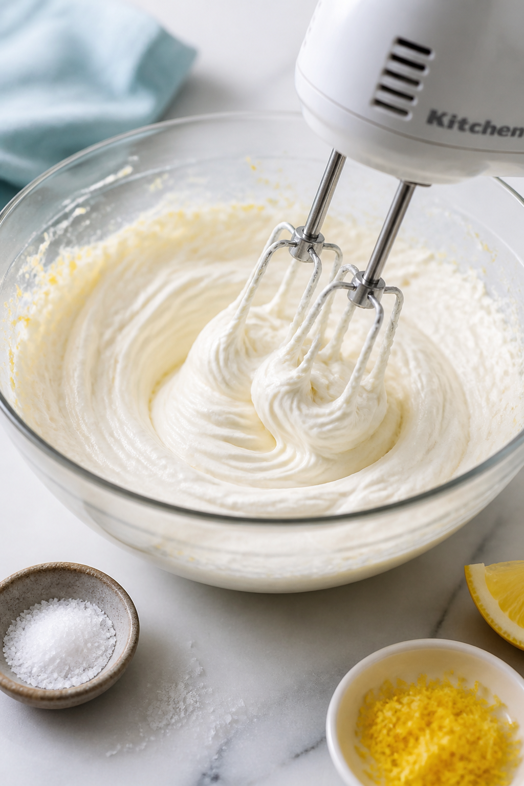 Cooking process close-up: Hand mixer whisking softened reduced-fat cream cheese and thick Greek yogu