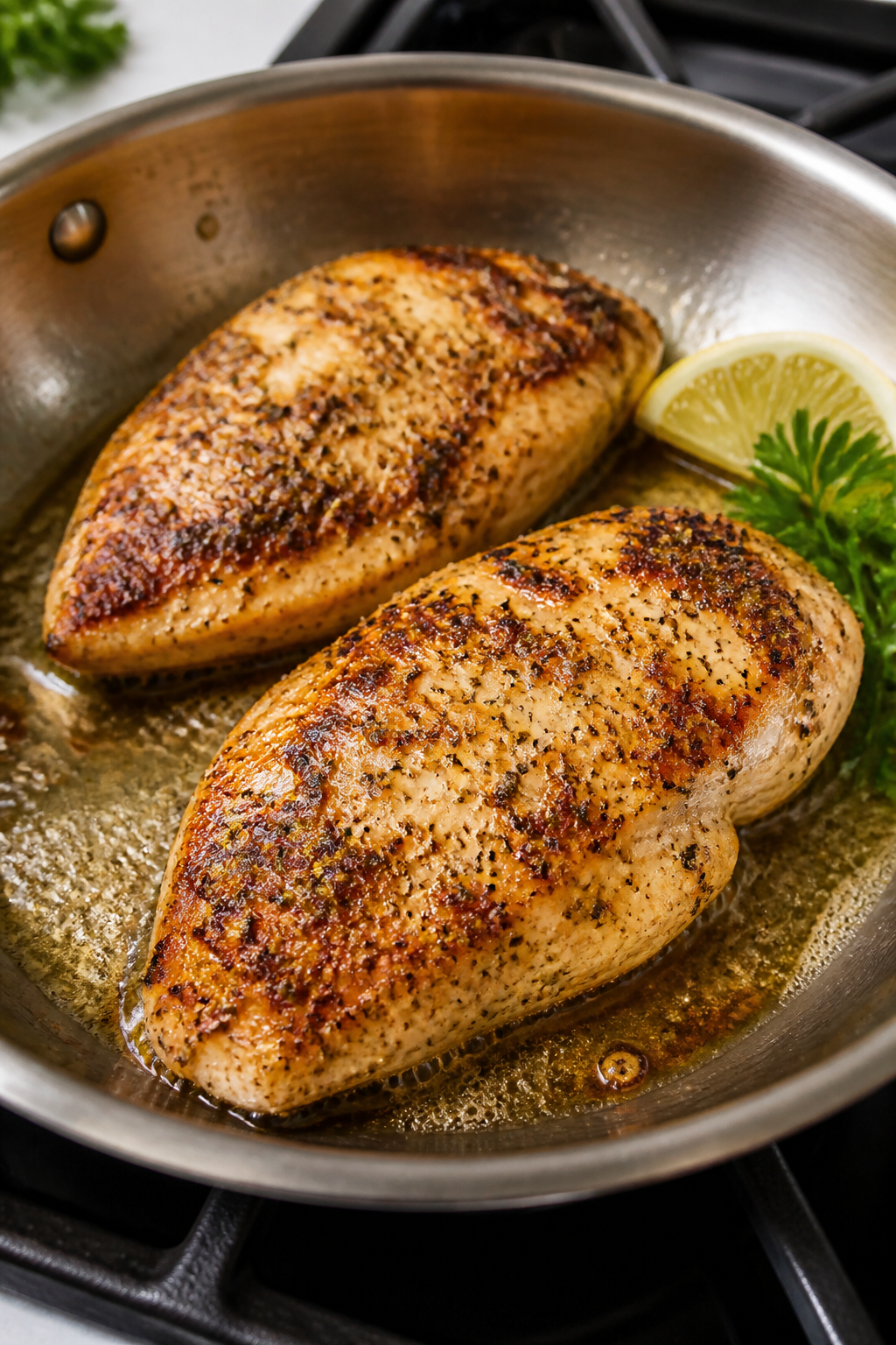 Cooking process close-up: Juicy garlic-Parmesan–seasoned chicken breasts sizzling in a stainless s