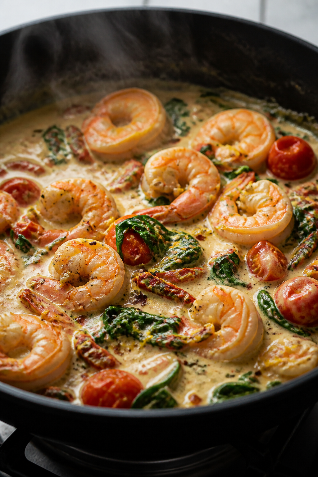 Cooking process close-up: Large shrimp just-returned to a skillet of creamy Tuscan sauce, coated in 