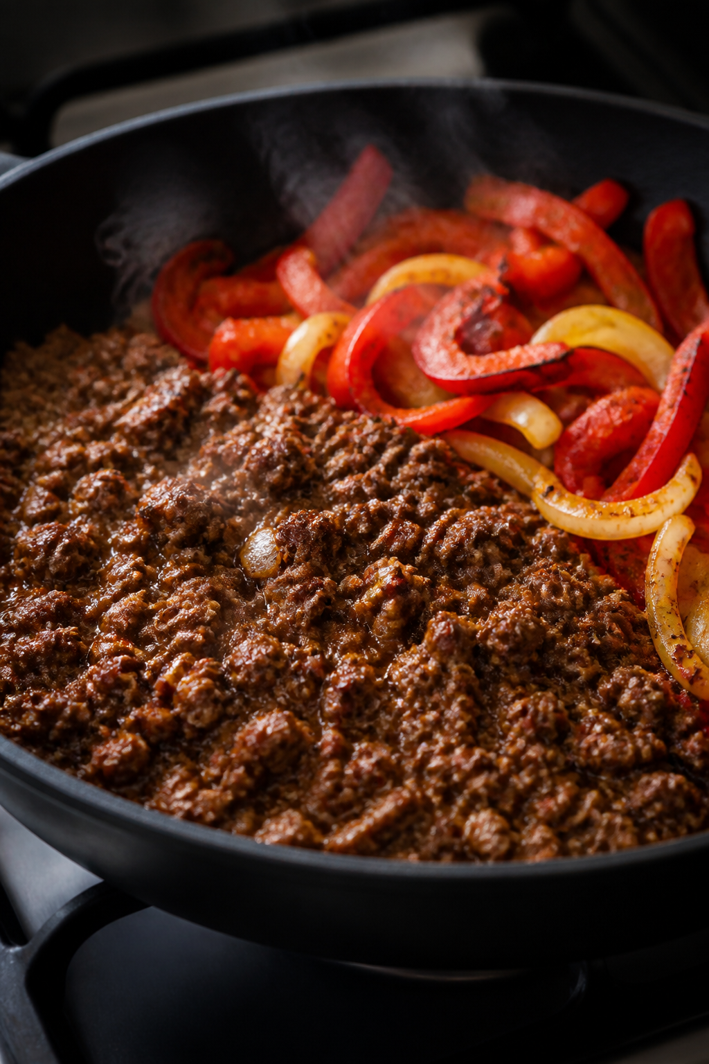Cooking process close-up: Lean ground beef browning in a large skillet, coated in a glossy reduction