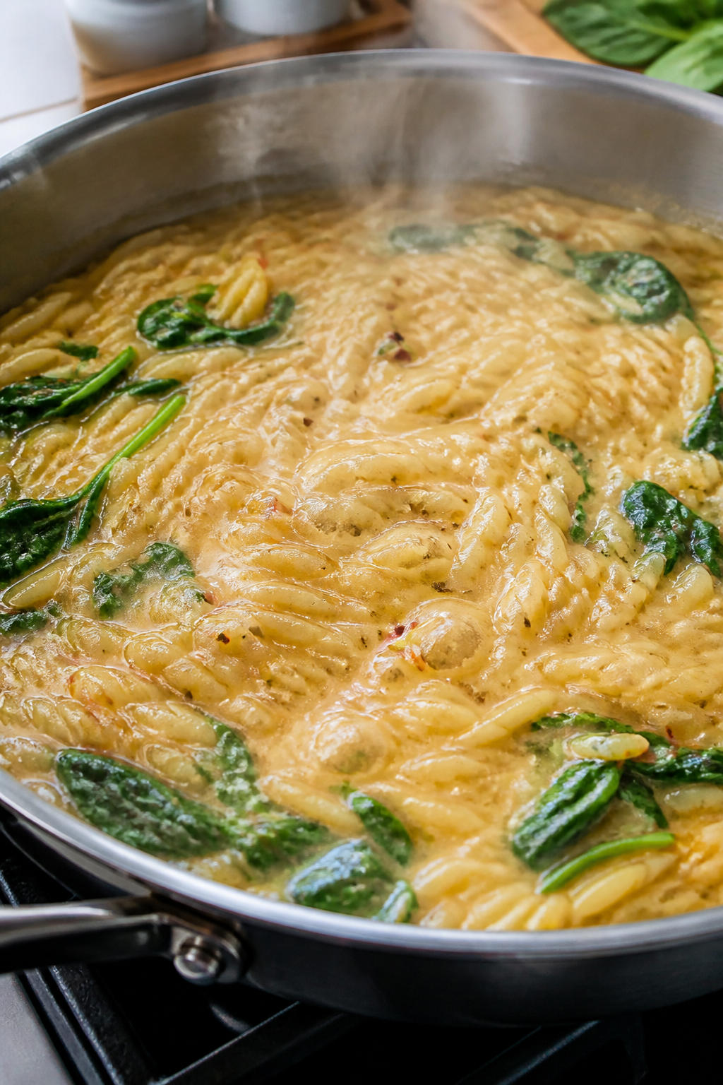 Cooking process close-up: Orzo simmering in a large, wide sauté pan, coated in a glossy, creamy gar