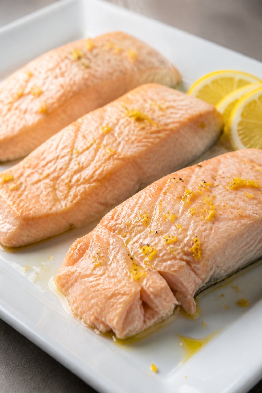 Cooking process close-up: Poached salmon fillets just cooked and resting on a white platter, steam g