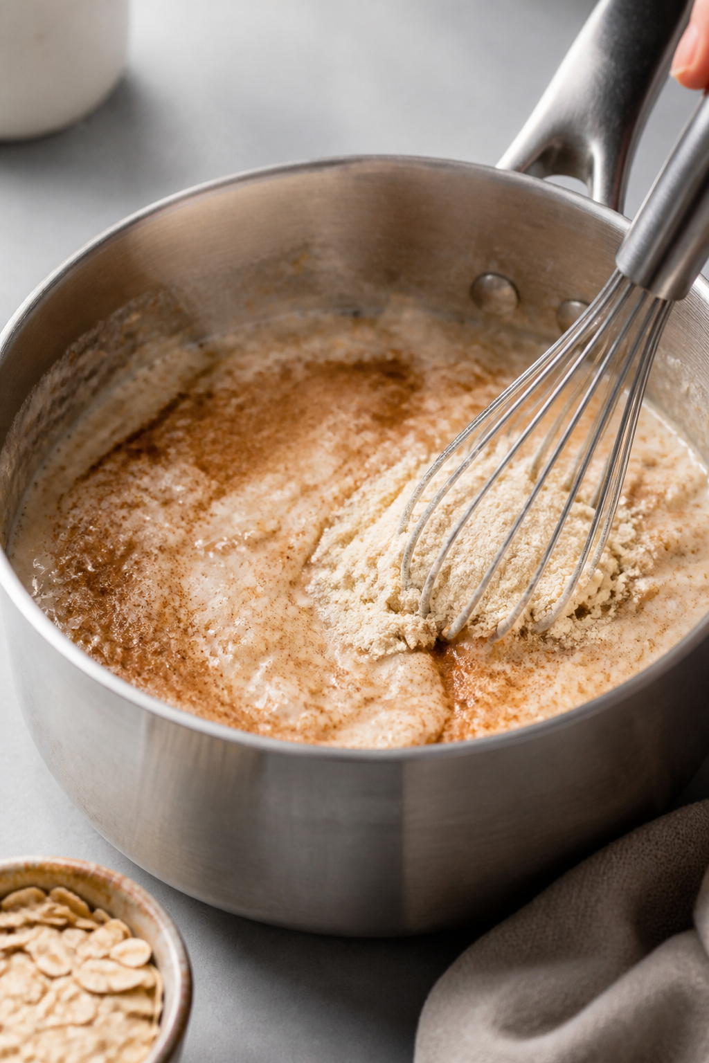 Cooking process close-up: Rolled oats simmering in a small saucepan with milk until creamy, visible