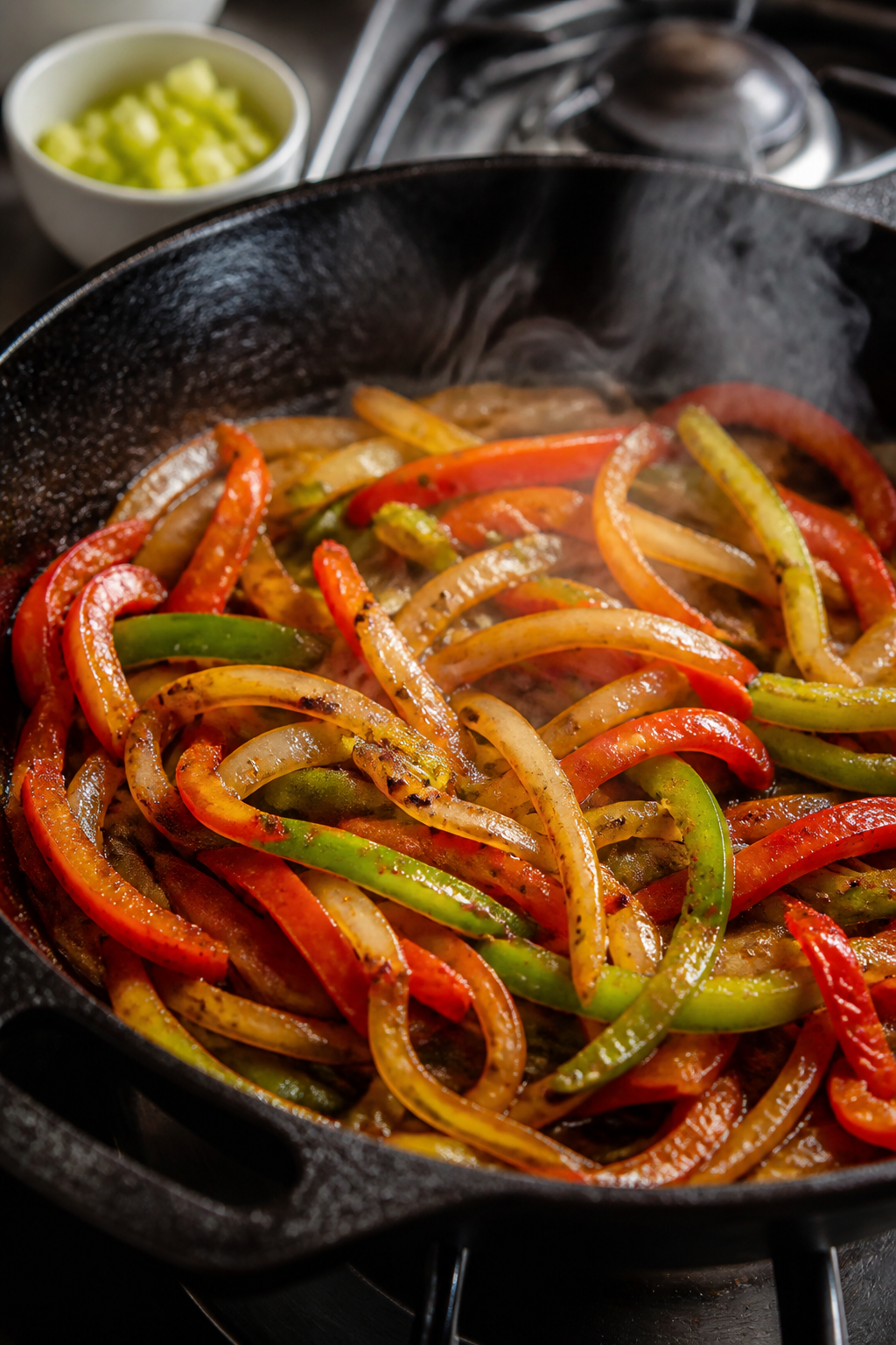 Cooking process close-up: Sautéed onion and bell pepper turning lightly golden in a cast-iron skill