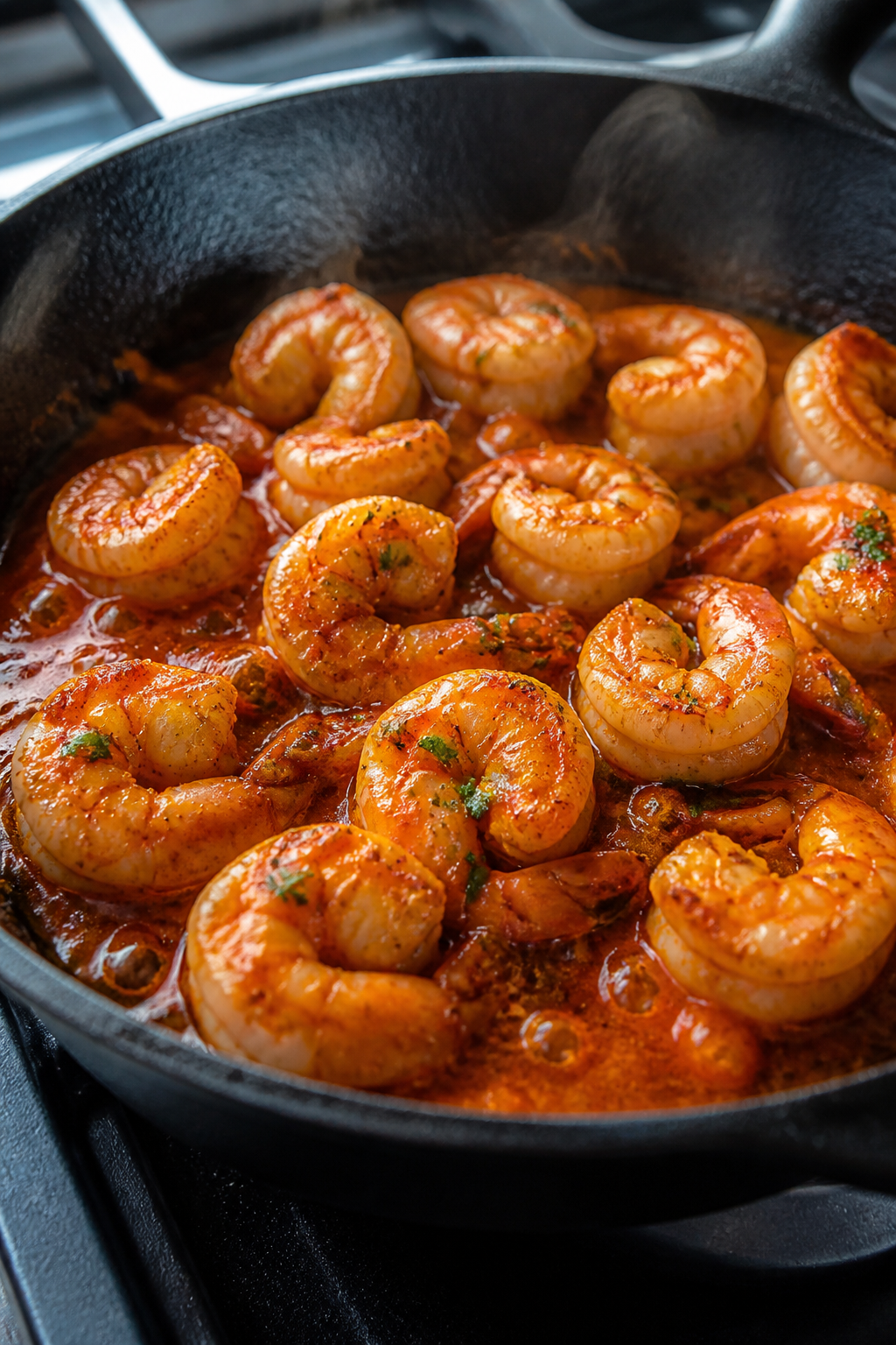 Cooking process, close-up: Searing buffalo-coated shrimp in a black cast-iron skillet, shrimp just t